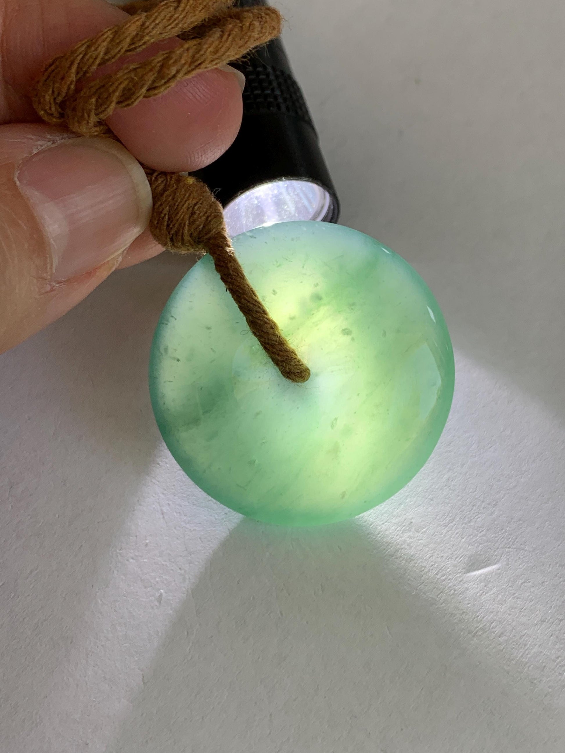 Natural Grade A Guatemalan Icy Translucent Dark Teal Blue Jade Jadeite Ping An Kou Donut Pendant Rope Necklace 25" 天然冰胶危深蓝绿翡翠平安扣吊坠 WSB660A