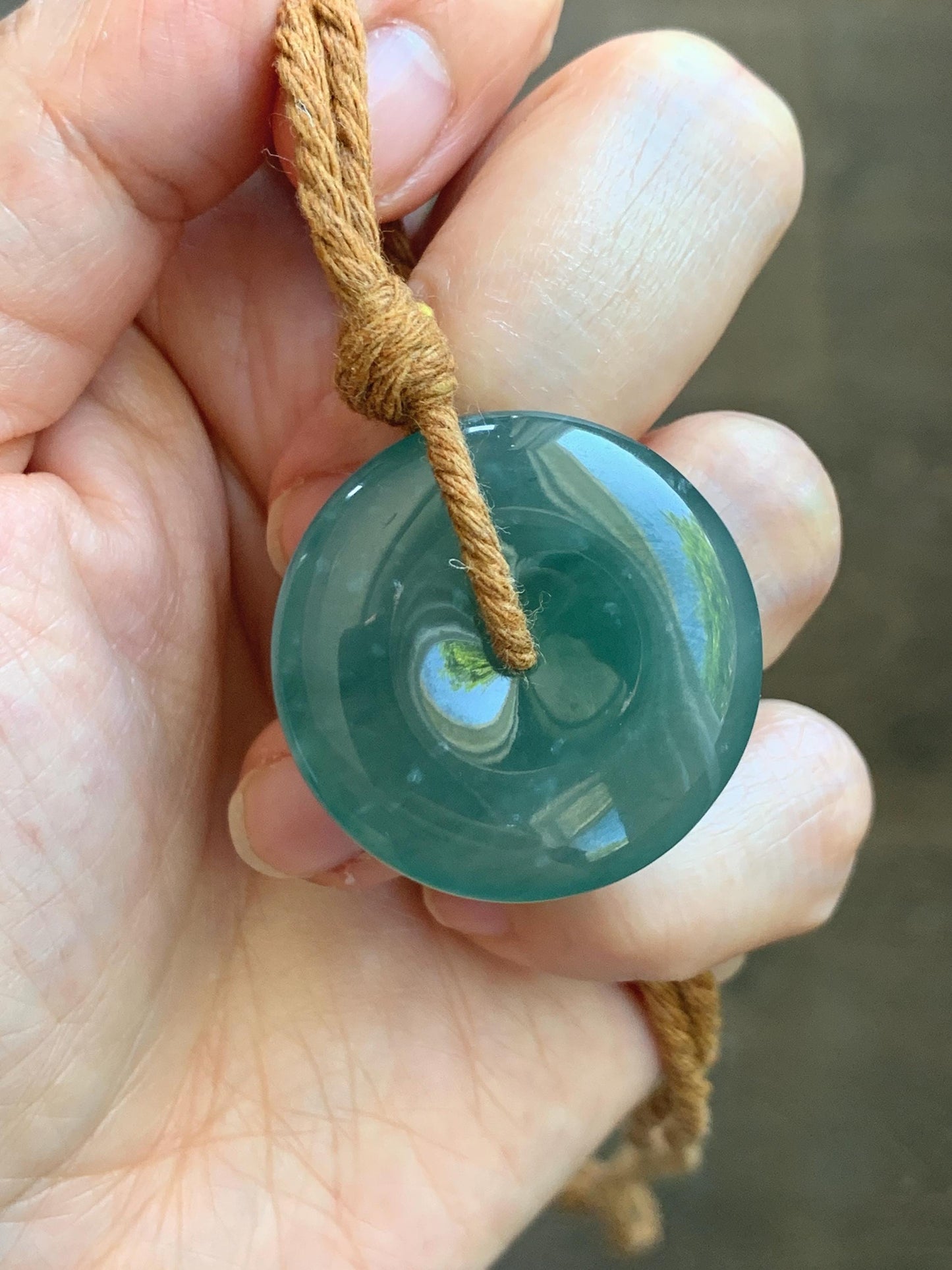 Natural Grade A Guatemalan Icy Translucent Dark Teal Blue Jade Jadeite Ping An Kou Donut Pendant Rope Necklace 25" 天然冰胶危深蓝绿翡翠平安扣吊坠 WSB660A