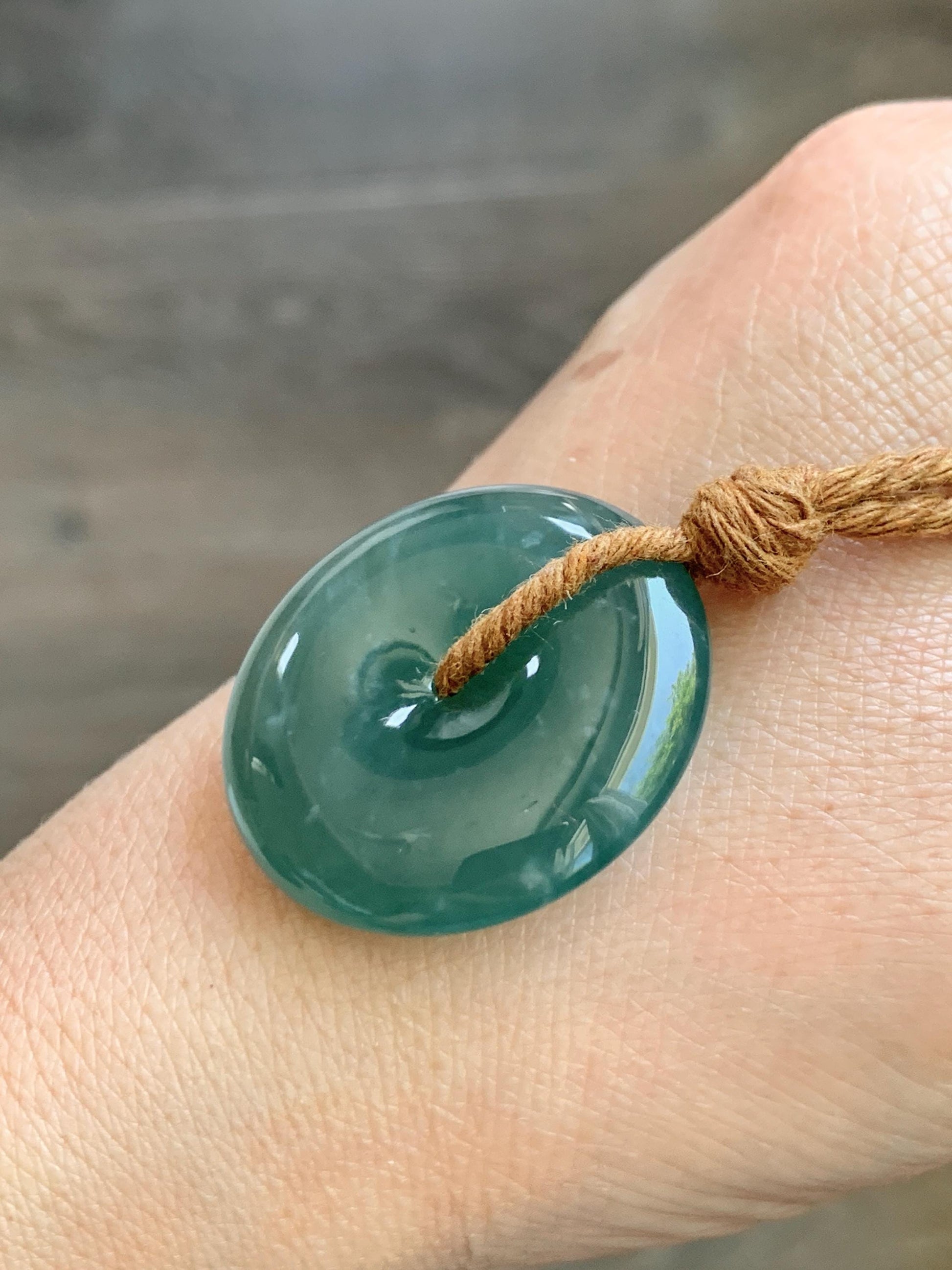 Natural Grade A Guatemalan Icy Translucent Dark Teal Blue Jade Jadeite Ping An Kou Donut Pendant Rope Necklace 25" 天然冰胶危深蓝绿翡翠平安扣吊坠 WSB660A