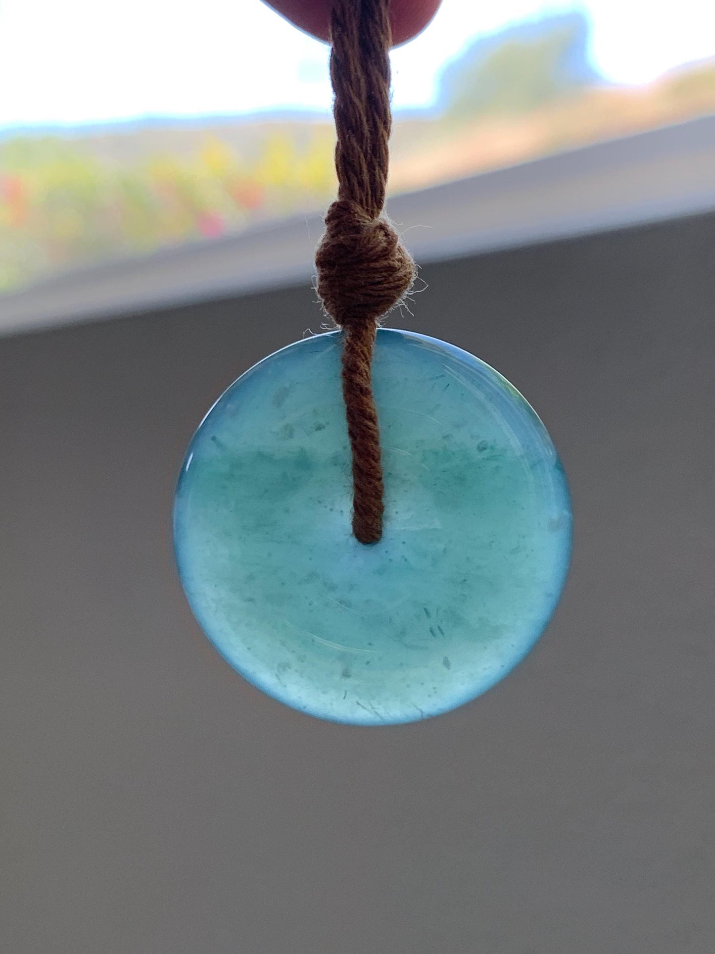 Natural Grade A Guatemalan Icy Translucent Dark Teal Blue Jade Jadeite Ping An Kou Donut Pendant Rope Necklace 25" 天然冰胶危深蓝绿翡翠平安扣吊坠 WSB660A