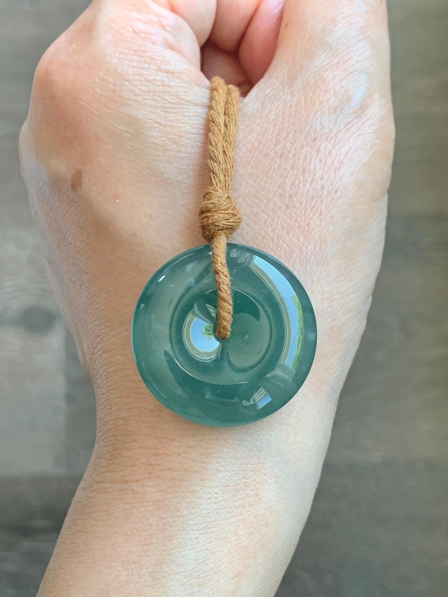 Natural Grade A Guatemalan Icy Translucent Dark Teal Blue Jade Jadeite Ping An Kou Donut Pendant Rope Necklace 25" 天然冰胶危深蓝绿翡翠平安扣吊坠 WSB660A