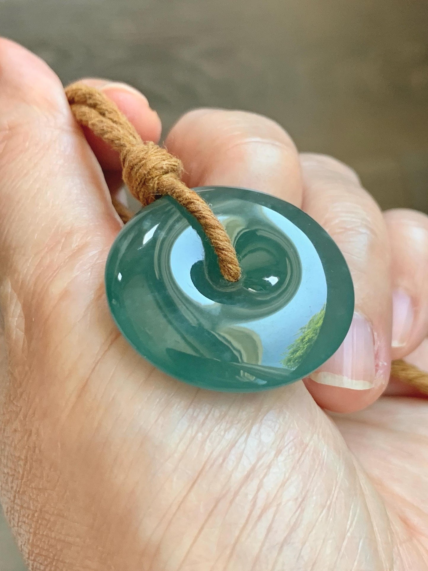 Natural Grade A Guatemalan Icy Translucent Dark Teal Blue Jade Jadeite Ping An Kou Donut Pendant Rope Necklace 25" 天然冰胶危深蓝绿翡翠平安扣吊坠 WSB660A