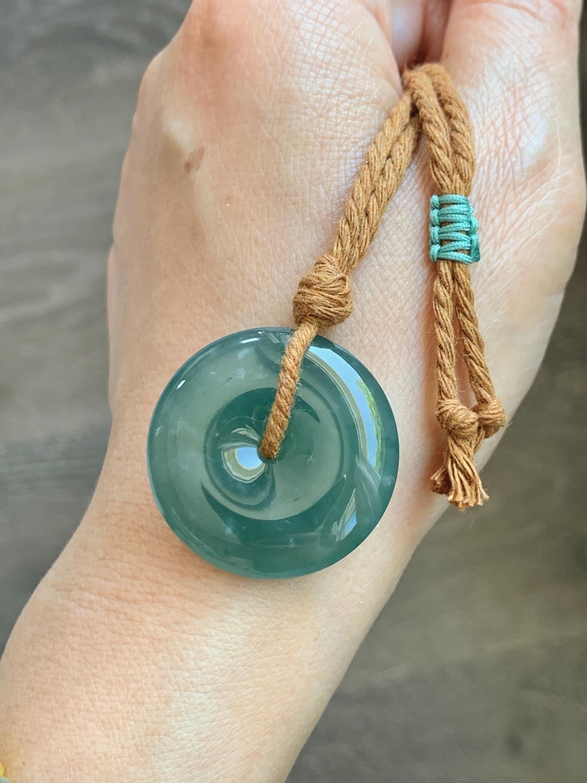 Natural Grade A Guatemalan Icy Translucent Dark Teal Blue Jade Jadeite Ping An Kou Donut Pendant Rope Necklace 25" 天然冰胶危深蓝绿翡翠平安扣吊坠 WSB660A