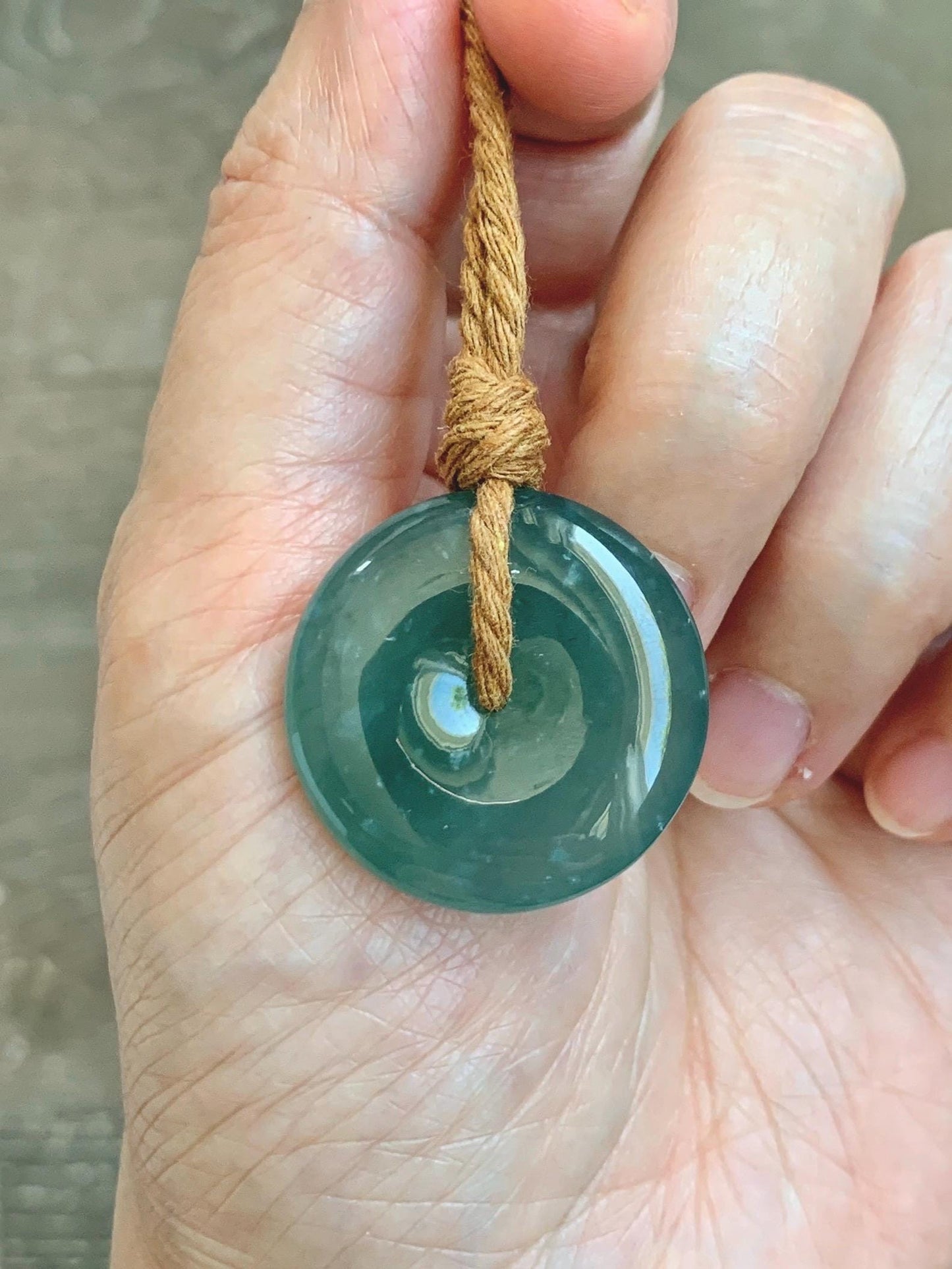Natural Grade A Guatemalan Icy Translucent Dark Teal Blue Jade Jadeite Ping An Kou Donut Pendant Rope Necklace 24" 天然冰胶危深蓝绿翡翠平安扣吊坠 WSB660B