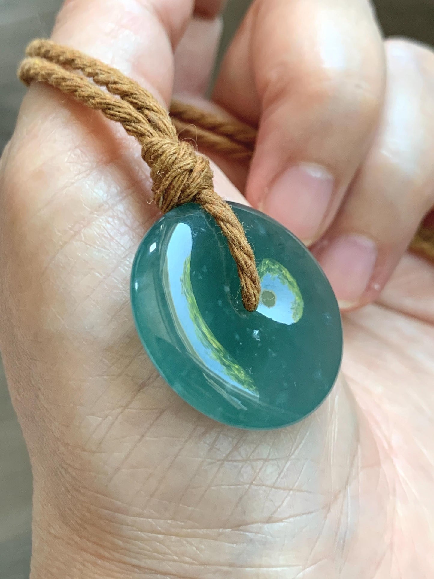 Natural Grade A Guatemalan Icy Translucent Dark Teal Blue Jade Jadeite Ping An Kou Donut Pendant Rope Necklace 24" 天然冰胶危深蓝绿翡翠平安扣吊坠 WSB660B