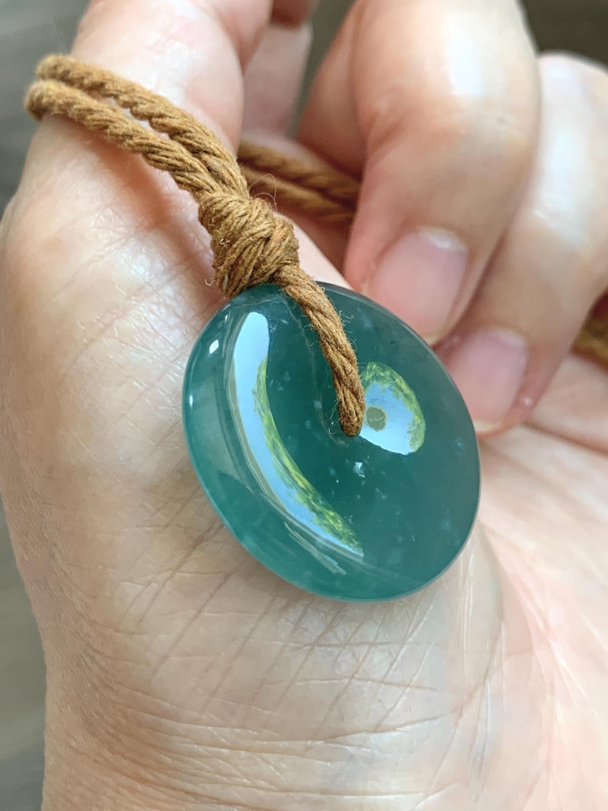 Natural Grade A Guatemalan Icy Translucent Dark Teal Blue Jade Jadeite Ping An Kou Donut Pendant Rope Necklace 24" 天然冰胶危深蓝绿翡翠平安扣吊坠 WSB660B