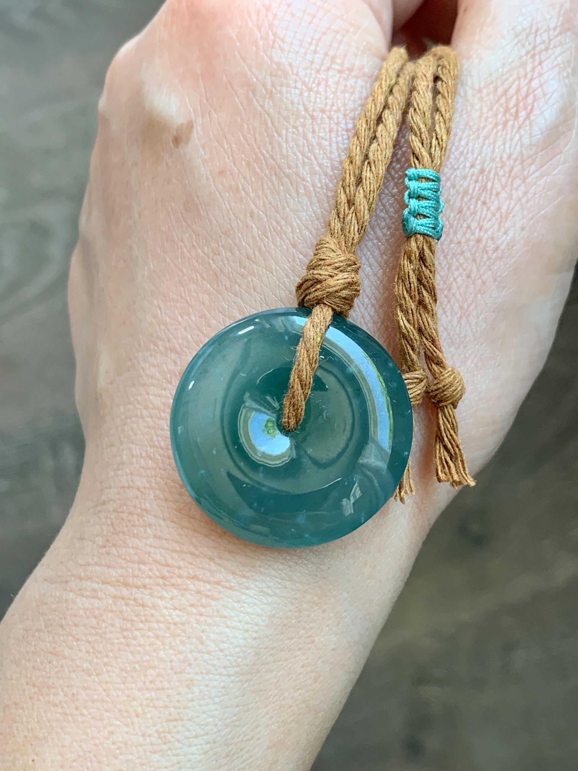 Natural Grade A Guatemalan Icy Translucent Dark Teal Blue Jade Jadeite Ping An Kou Donut Pendant Rope Necklace 24" 天然冰胶危深蓝绿翡翠平安扣吊坠 WSB660B