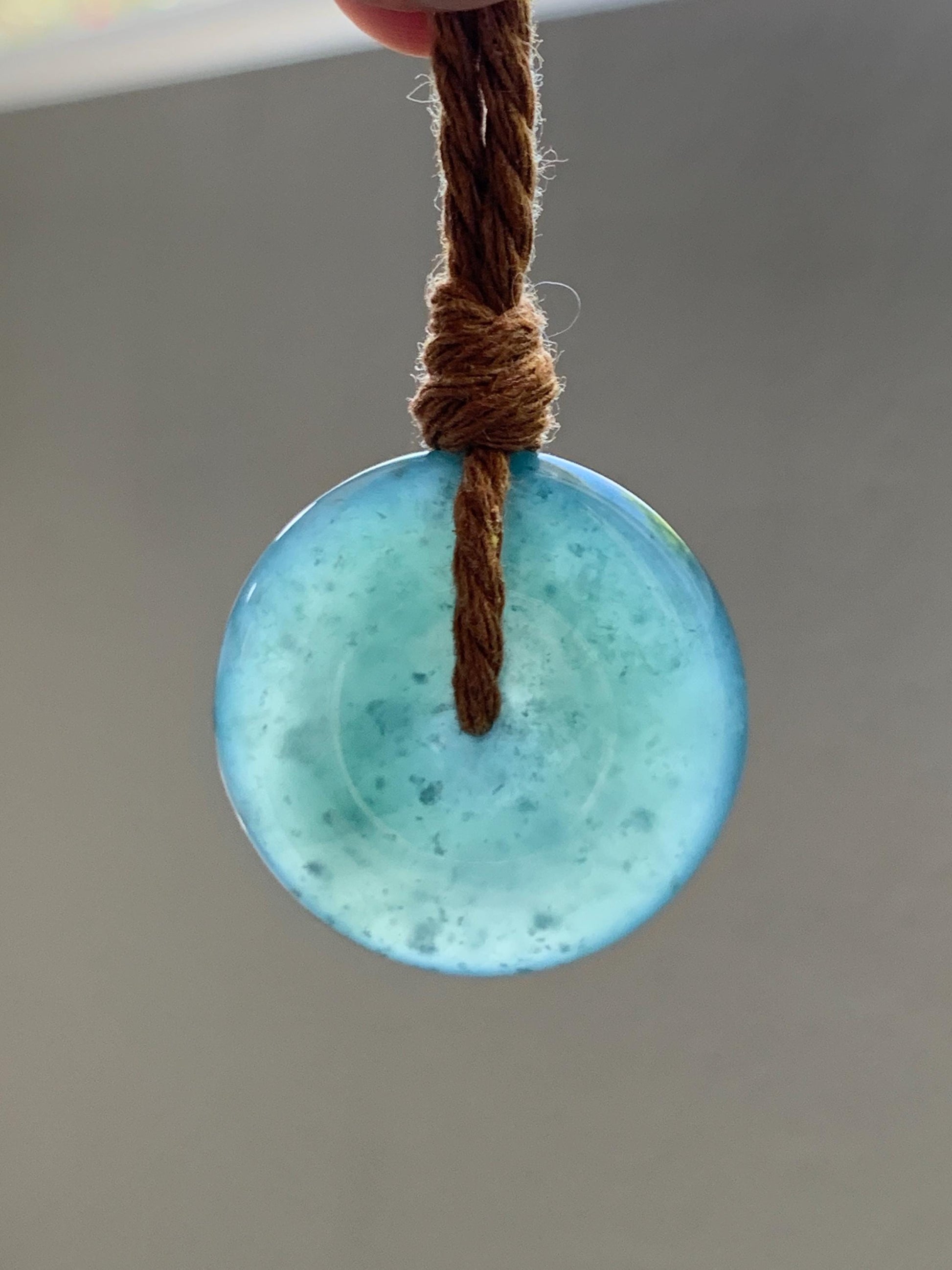 Natural Grade A Guatemalan Icy Translucent Dark Teal Blue Jade Jadeite Ping An Kou Donut Pendant Rope Necklace 24" 天然冰胶危深蓝绿翡翠平安扣吊坠 WSB660B