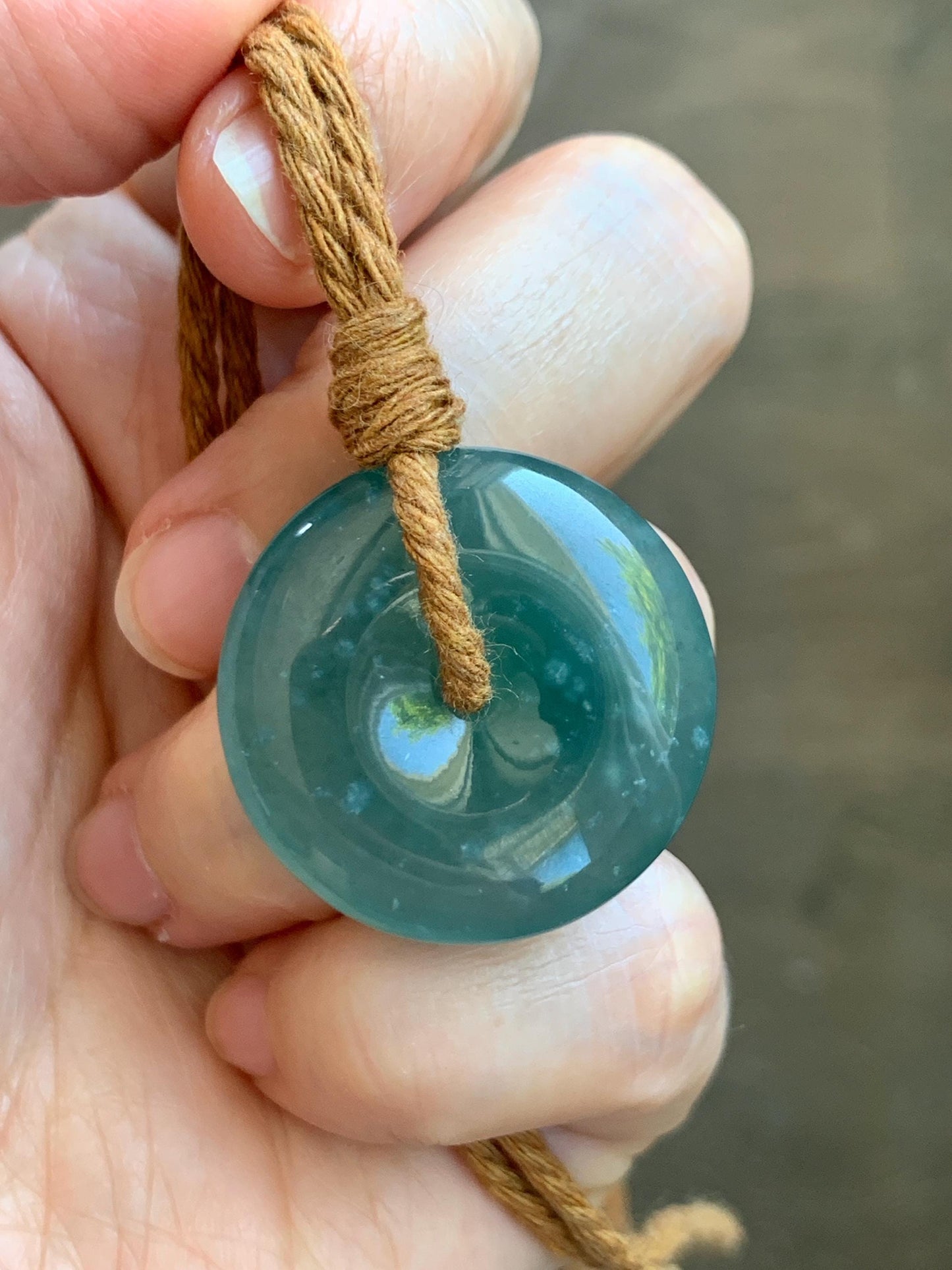 Natural Grade A Guatemalan Icy Translucent Dark Teal Blue Jade Jadeite Ping An Kou Donut Pendant Rope Necklace 24" 天然冰胶危深蓝绿翡翠平安扣吊坠 WSB660B