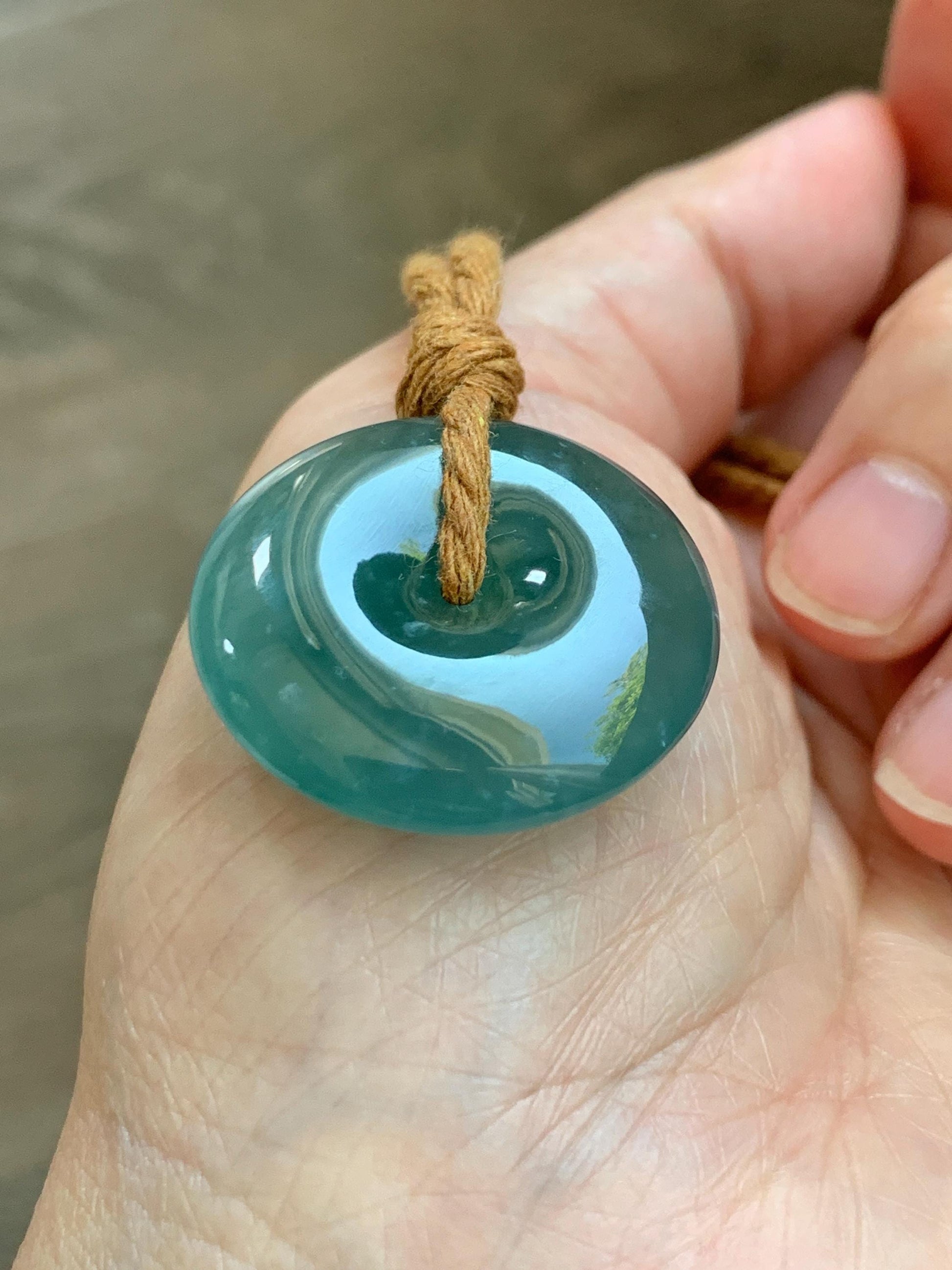Natural Grade A Guatemalan Icy Translucent Dark Teal Blue Jade Jadeite Ping An Kou Donut Pendant Rope Necklace 24" 天然冰胶危深蓝绿翡翠平安扣吊坠 WSB660B