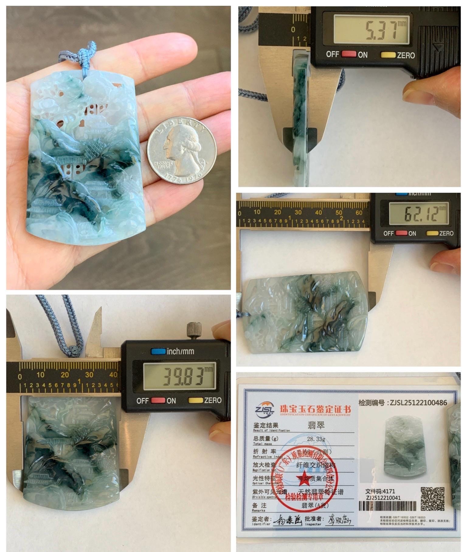Certified Natural Grade A Icy Translucent Dark Teal Green Marbled Jade Jadeite Shan Shui Large Pendant Rope Necklace 天然冰透飘花翡翠山水吊坠 486