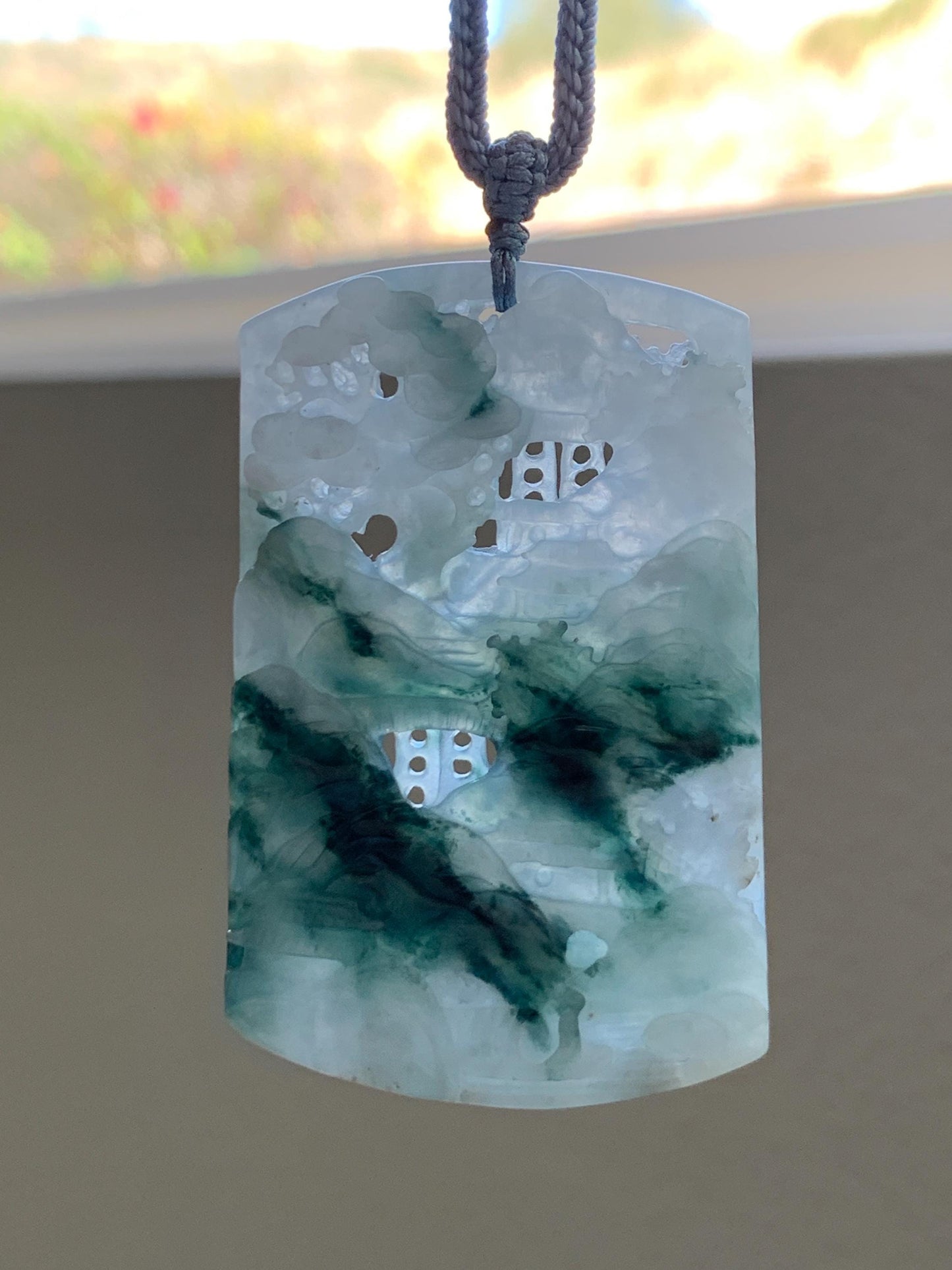 Certified Natural Grade A Icy Translucent Dark Teal Green Marbled Jade Jadeite Shan Shui Large Pendant Rope Necklace 天然冰透飘花翡翠山水吊坠 486