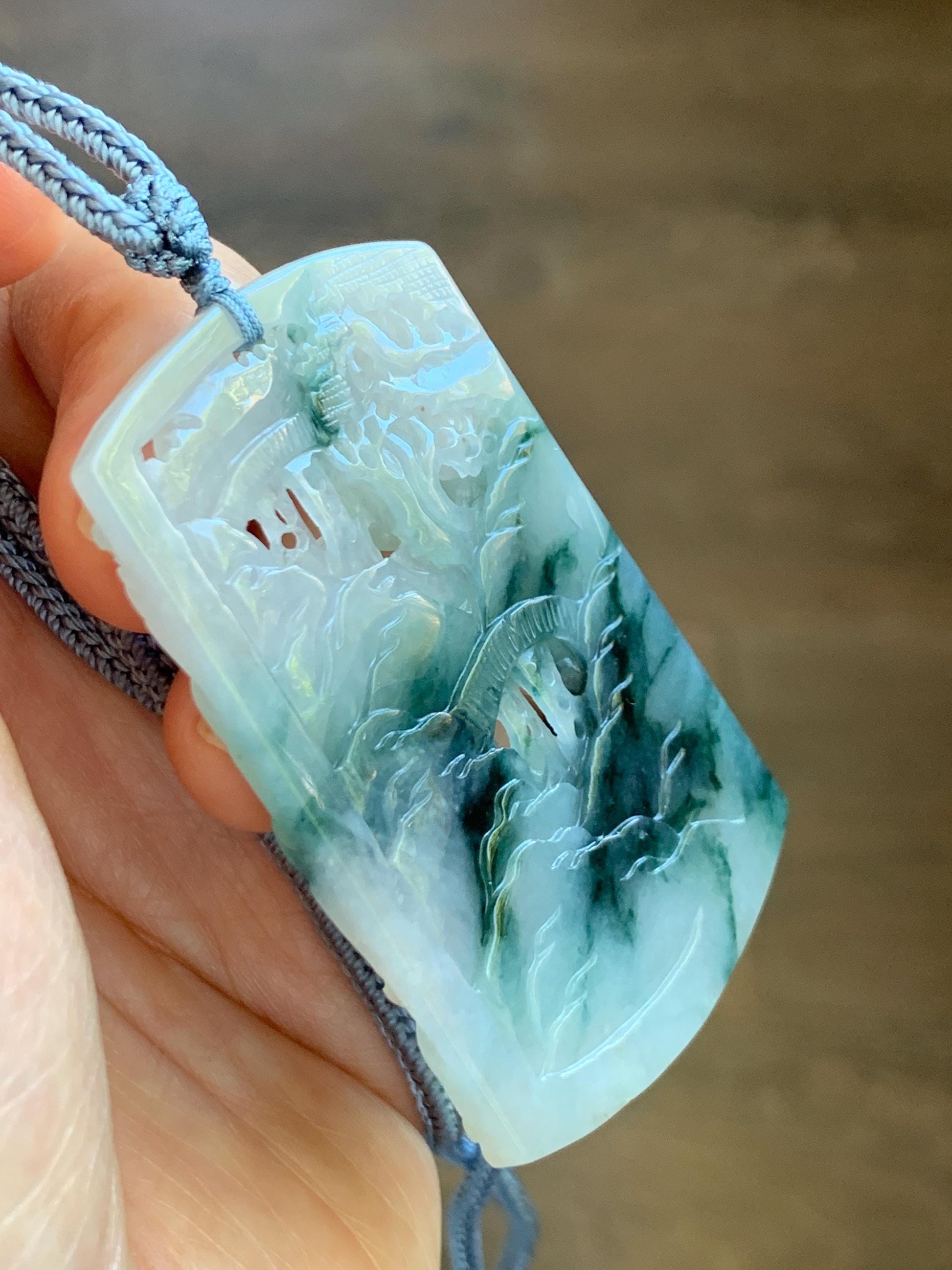 Certified Natural Grade A Icy Translucent Dark Teal Green Marbled Jade Jadeite Shan Shui Large Pendant Rope Necklace 天然冰透飘花翡翠山水吊坠 486