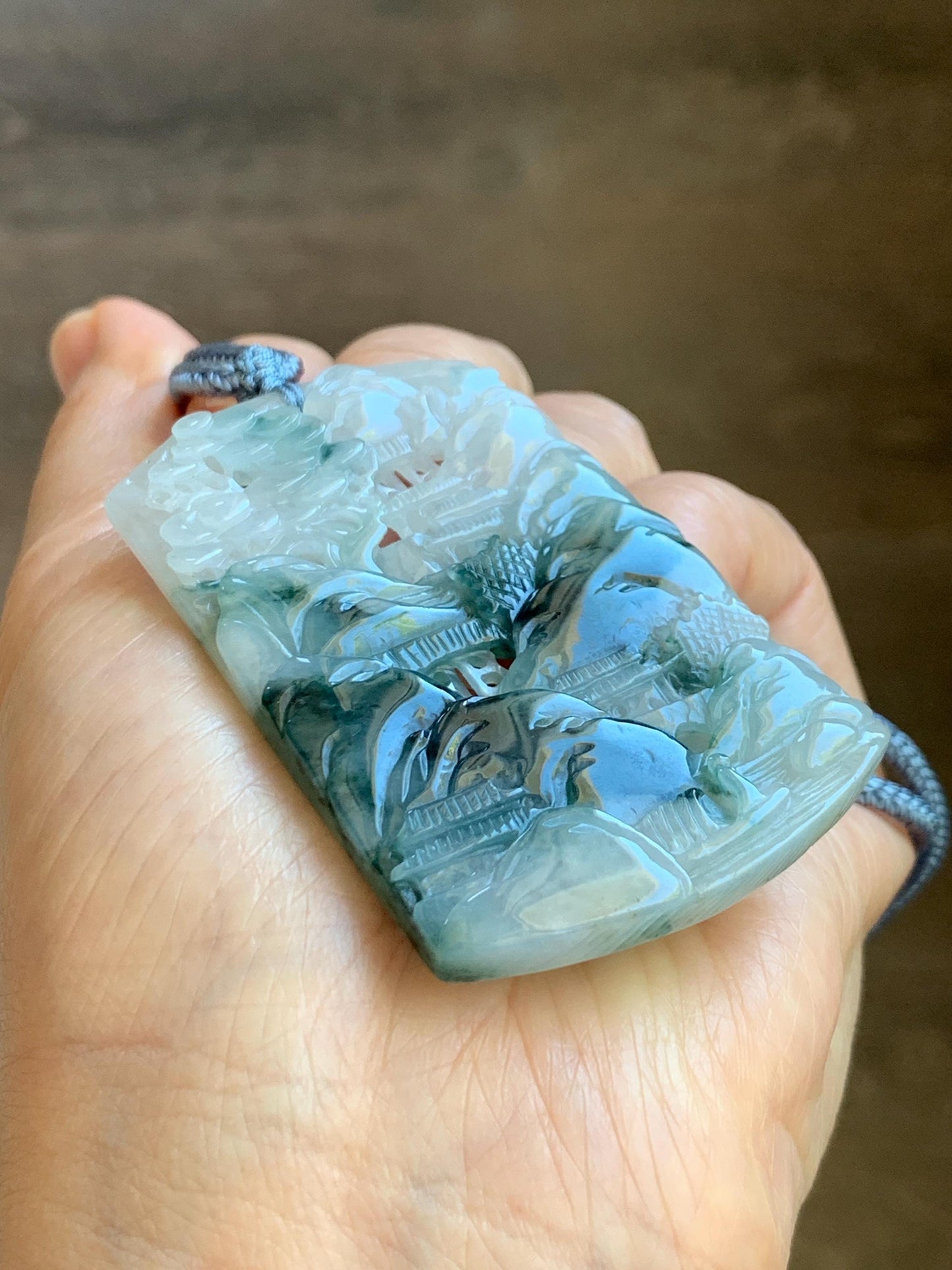 Certified Natural Grade A Icy Translucent Dark Teal Green Marbled Jade Jadeite Shan Shui Large Pendant Rope Necklace 天然冰透飘花翡翠山水吊坠 486