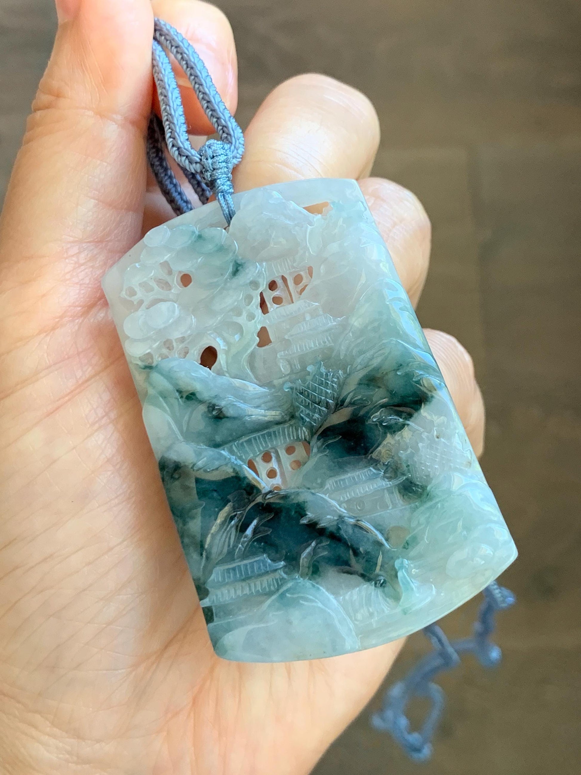 Certified Natural Grade A Icy Translucent Dark Teal Green Marbled Jade Jadeite Shan Shui Large Pendant Rope Necklace 天然冰透飘花翡翠山水吊坠 486