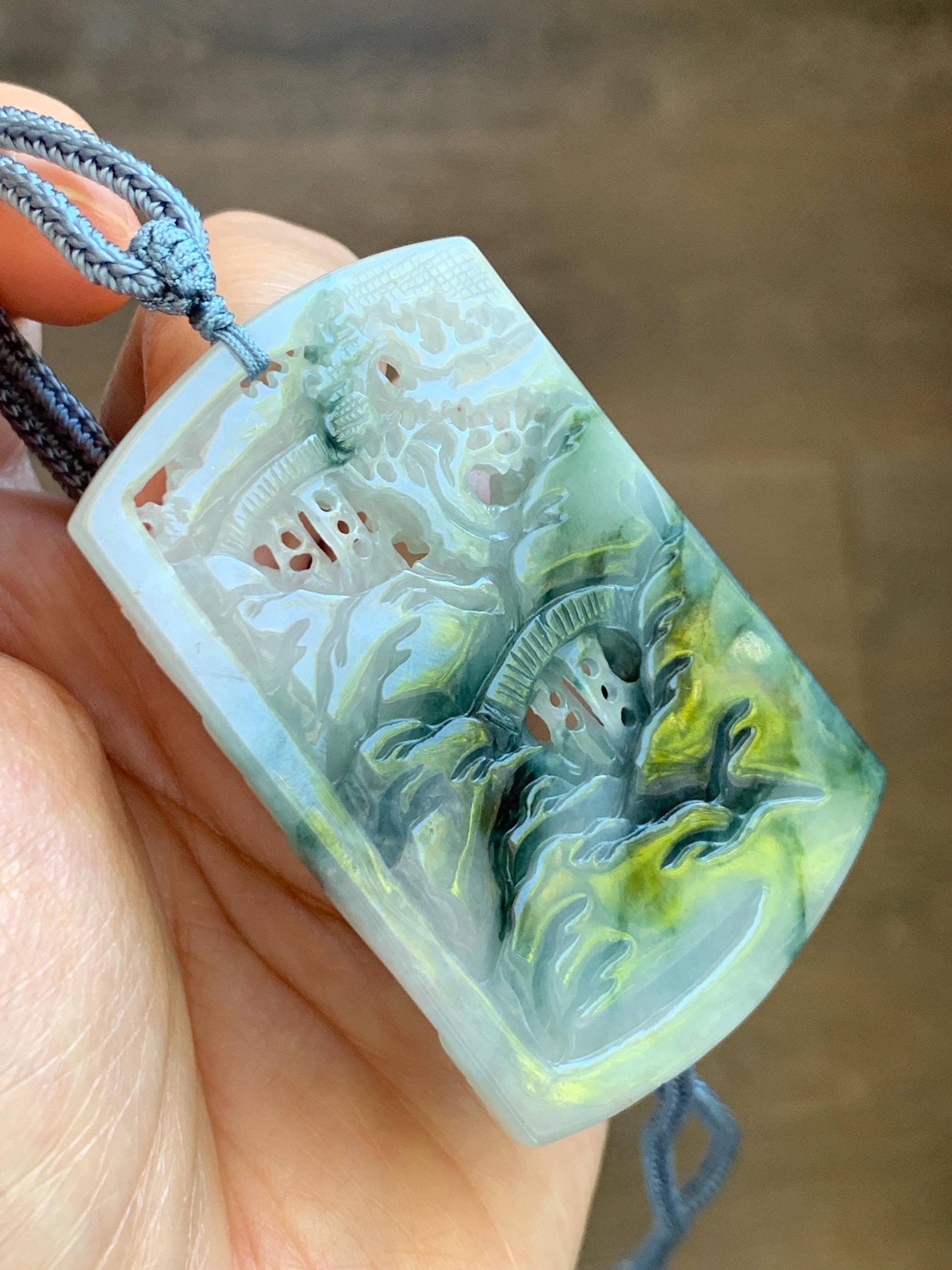 Certified Natural Grade A Icy Translucent Dark Teal Green Marbled Jade Jadeite Shan Shui Large Pendant Rope Necklace 天然冰透飘花翡翠山水吊坠 486