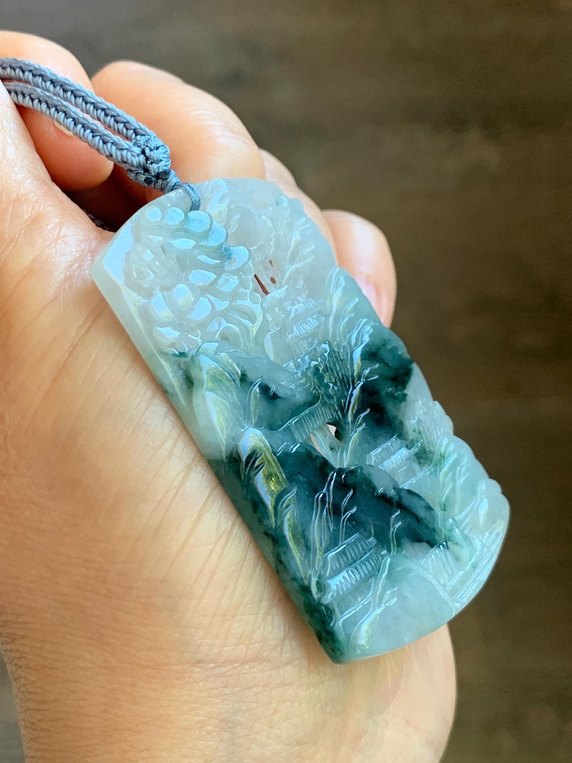 Certified Natural Grade A Icy Translucent Dark Teal Green Marbled Jade Jadeite Shan Shui Large Pendant Rope Necklace 天然冰透飘花翡翠山水吊坠 486