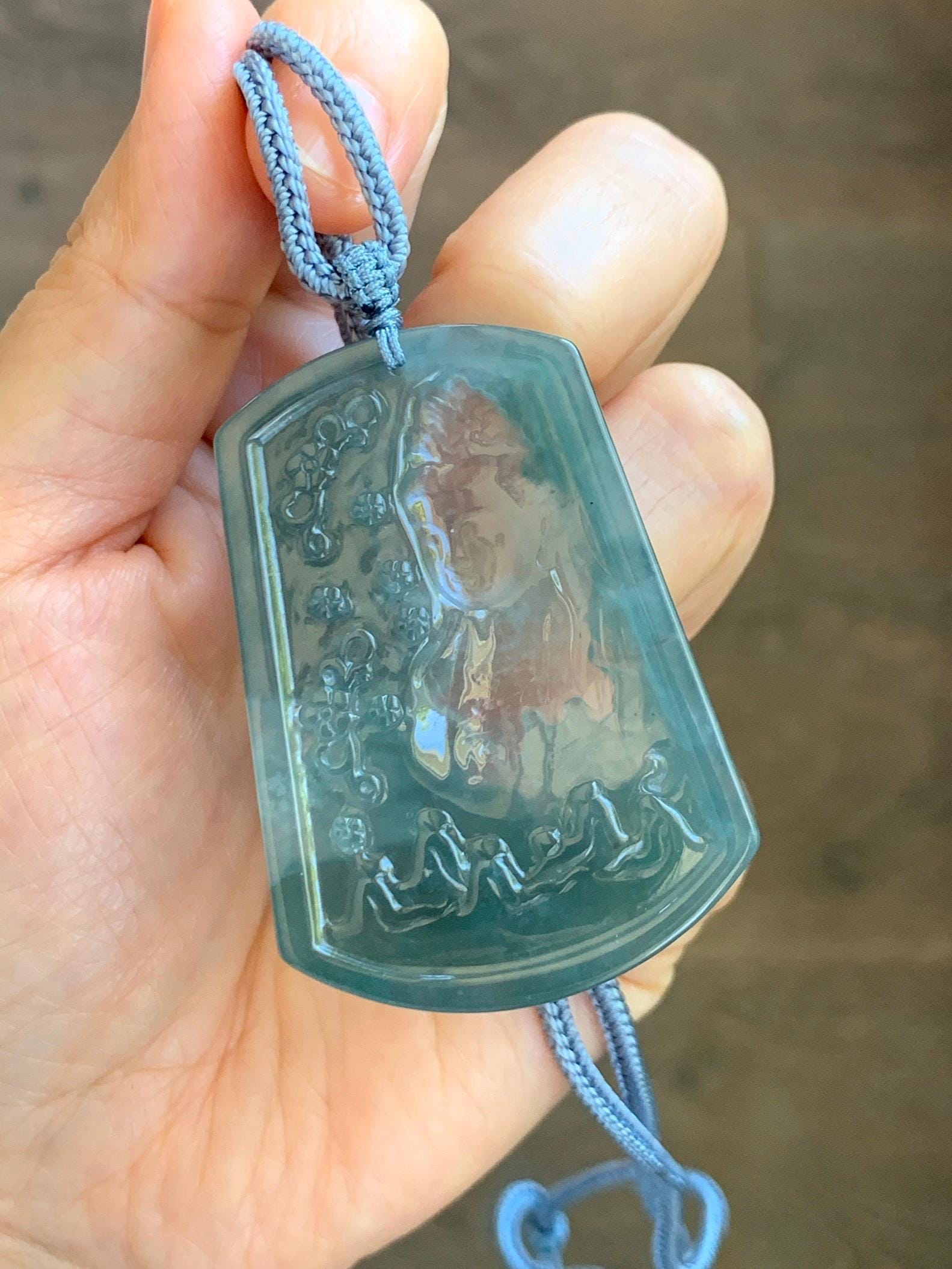 Certified Natural Grade A Guatemalan Icy Translucent Teal Blue Jade Jadeite Buddha Intaglio Carved Pendant Rope Necklace 天然冰危蓝翡翠万佛朝拜阴雕吊坠 598