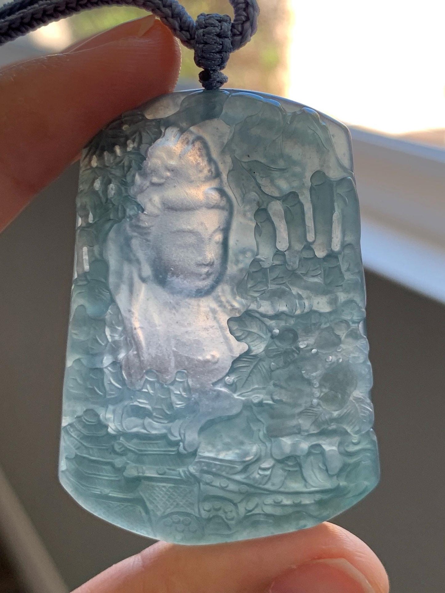 Certified Natural Grade A Guatemalan Icy Translucent Teal Blue Jade Jadeite Buddha Intaglio Carved Pendant Rope Necklace 天然冰危蓝翡翠万佛朝拜阴雕吊坠 598