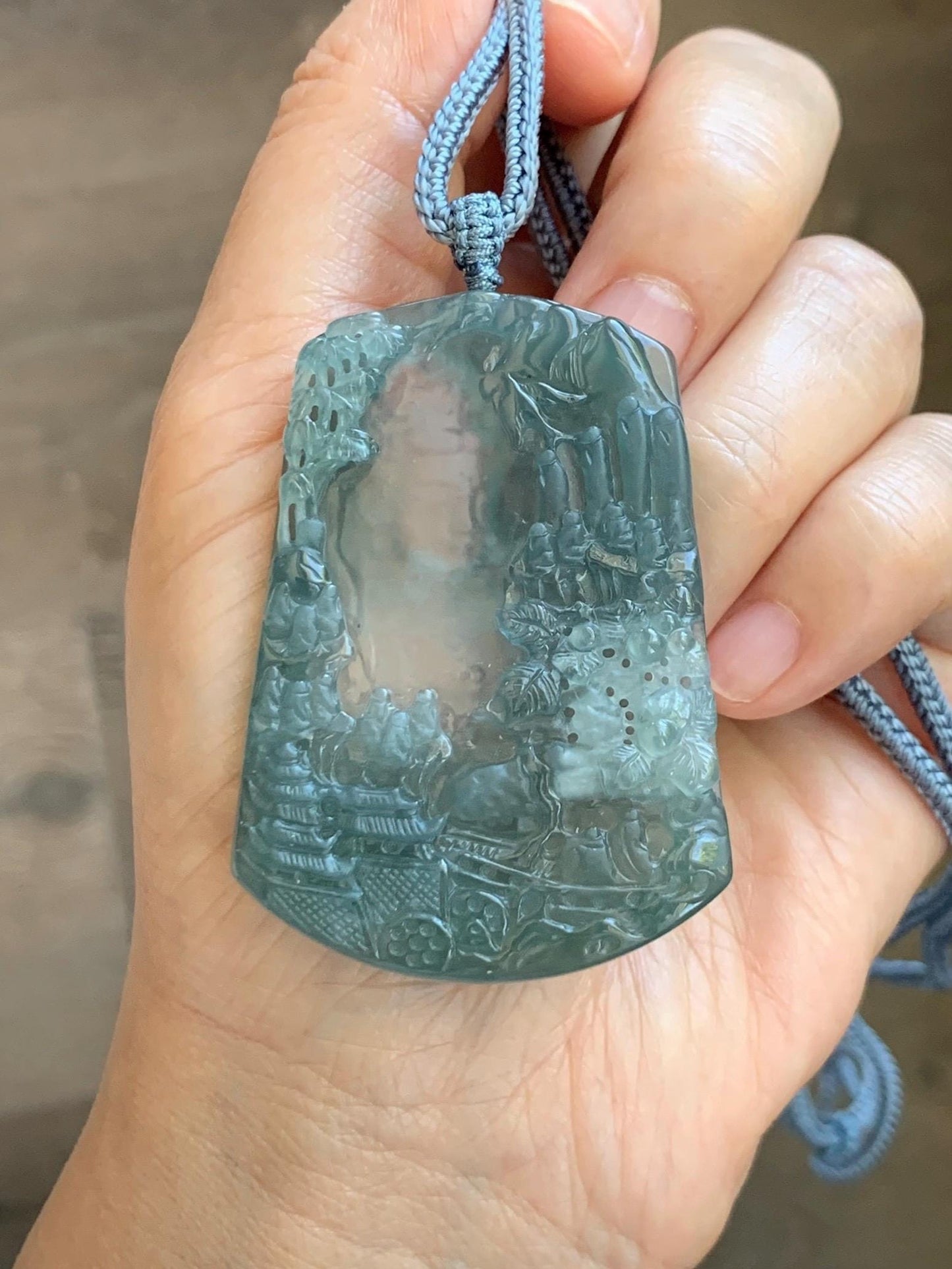 Certified Natural Grade A Guatemalan Icy Translucent Teal Blue Jade Jadeite Buddha Intaglio Carved Pendant Rope Necklace 天然冰危蓝翡翠万佛朝拜阴雕吊坠 598