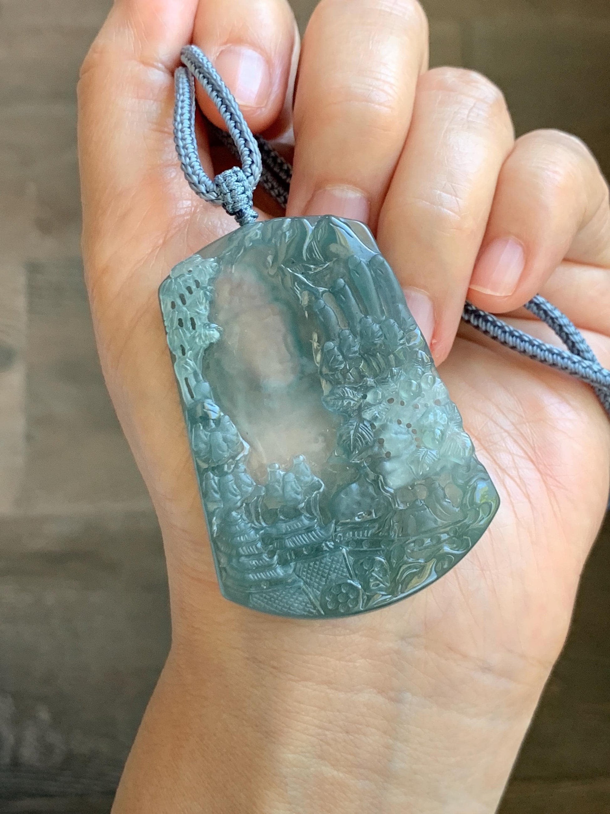 Certified Natural Grade A Guatemalan Icy Translucent Teal Blue Jade Jadeite Buddha Intaglio Carved Pendant Rope Necklace 天然冰危蓝翡翠万佛朝拜阴雕吊坠 598