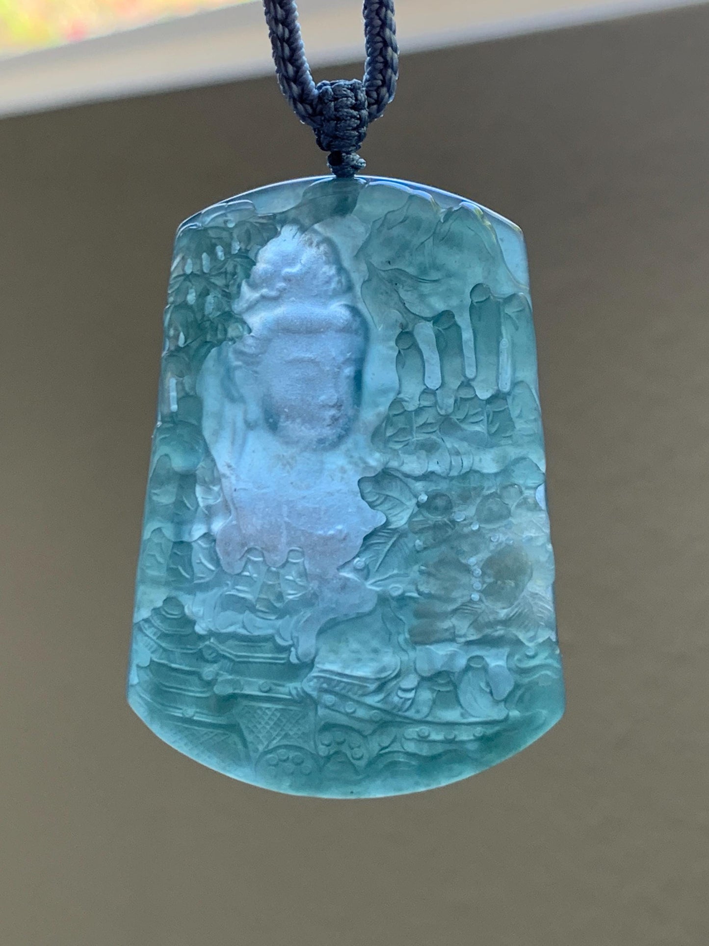 Certified Natural Grade A Guatemalan Icy Translucent Teal Blue Jade Jadeite Buddha Intaglio Carved Pendant Rope Necklace 天然冰危蓝翡翠万佛朝拜阴雕吊坠 598