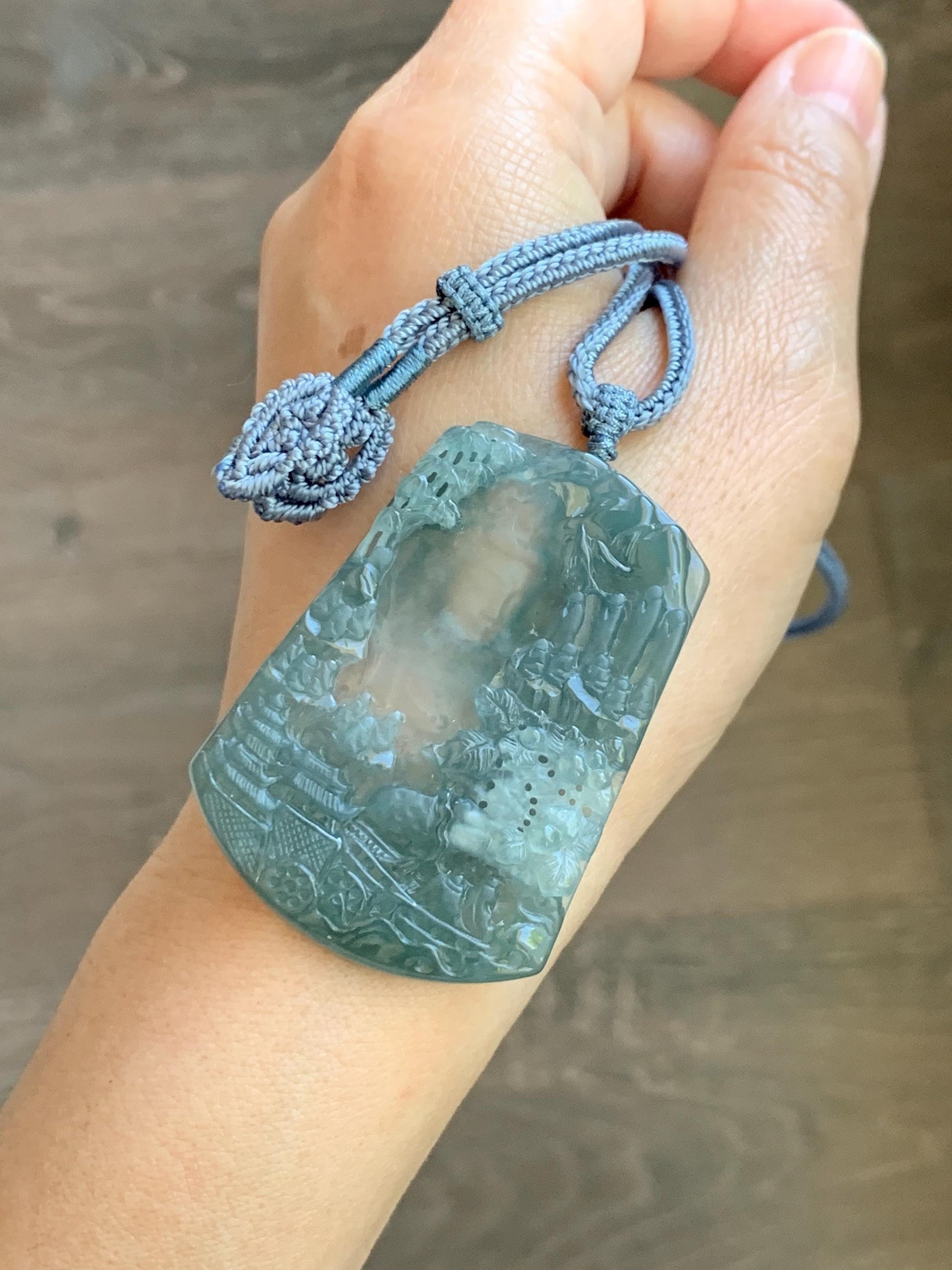 Certified Natural Grade A Guatemalan Icy Translucent Teal Blue Jade Jadeite Buddha Intaglio Carved Pendant Rope Necklace 天然冰危蓝翡翠万佛朝拜阴雕吊坠 598