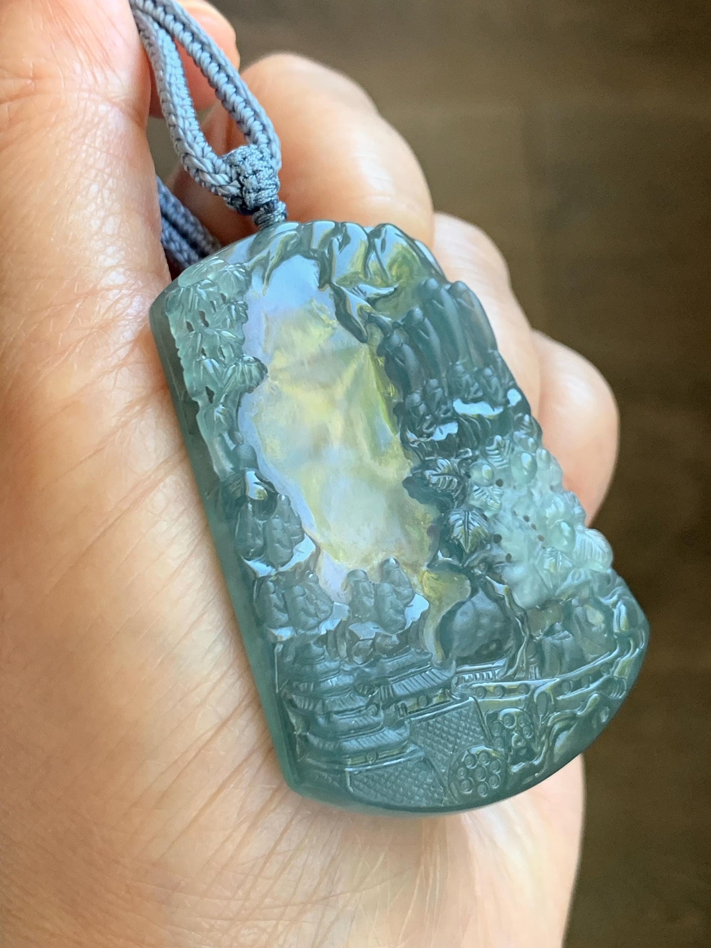 Certified Natural Grade A Guatemalan Icy Translucent Teal Blue Jade Jadeite Buddha Intaglio Carved Pendant Rope Necklace 天然冰危蓝翡翠万佛朝拜阴雕吊坠 598