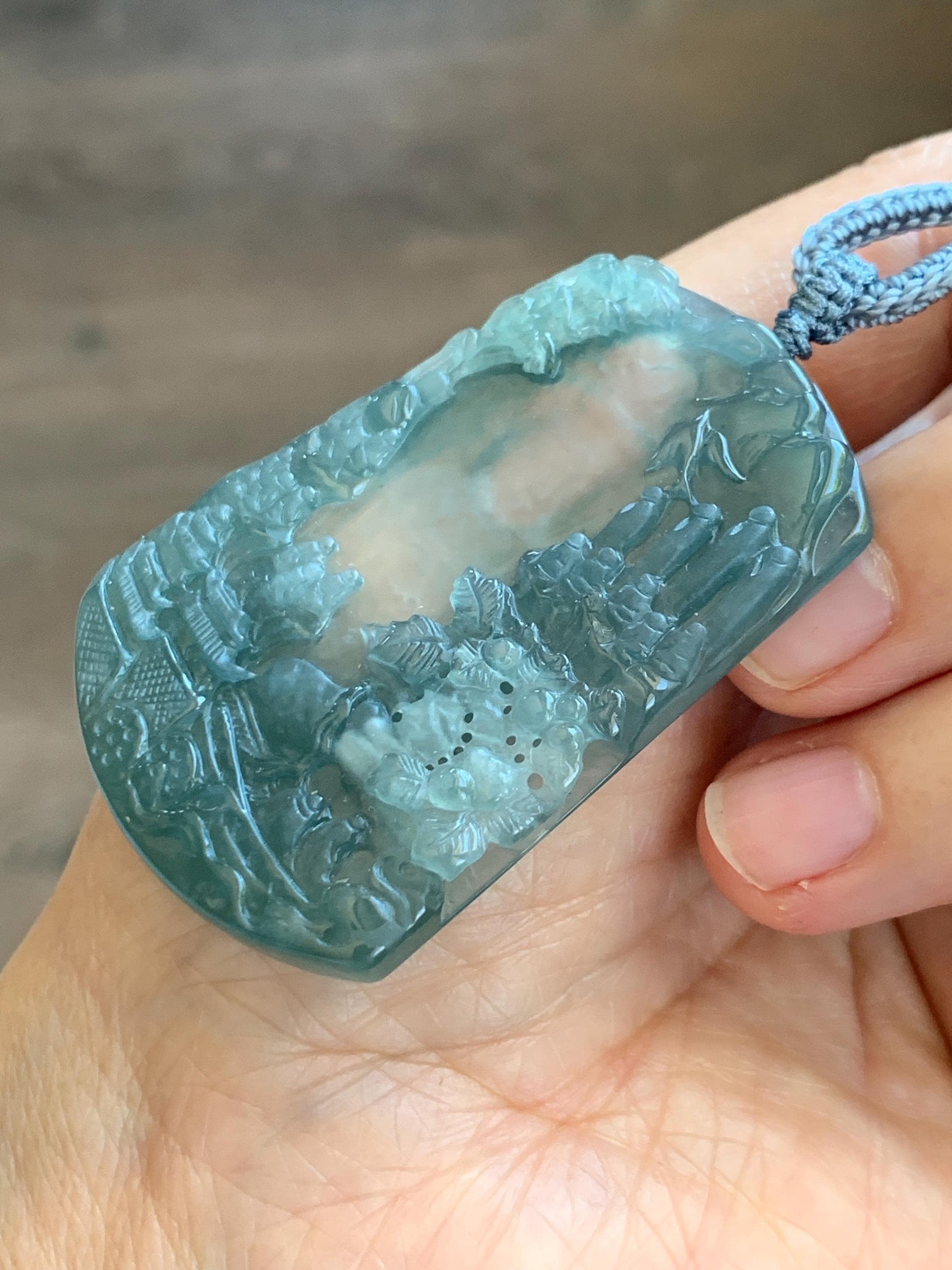 Certified Natural Grade A Guatemalan Icy Translucent Teal Blue Jade Jadeite Buddha Intaglio Carved Pendant Rope Necklace 天然冰危蓝翡翠万佛朝拜阴雕吊坠 598