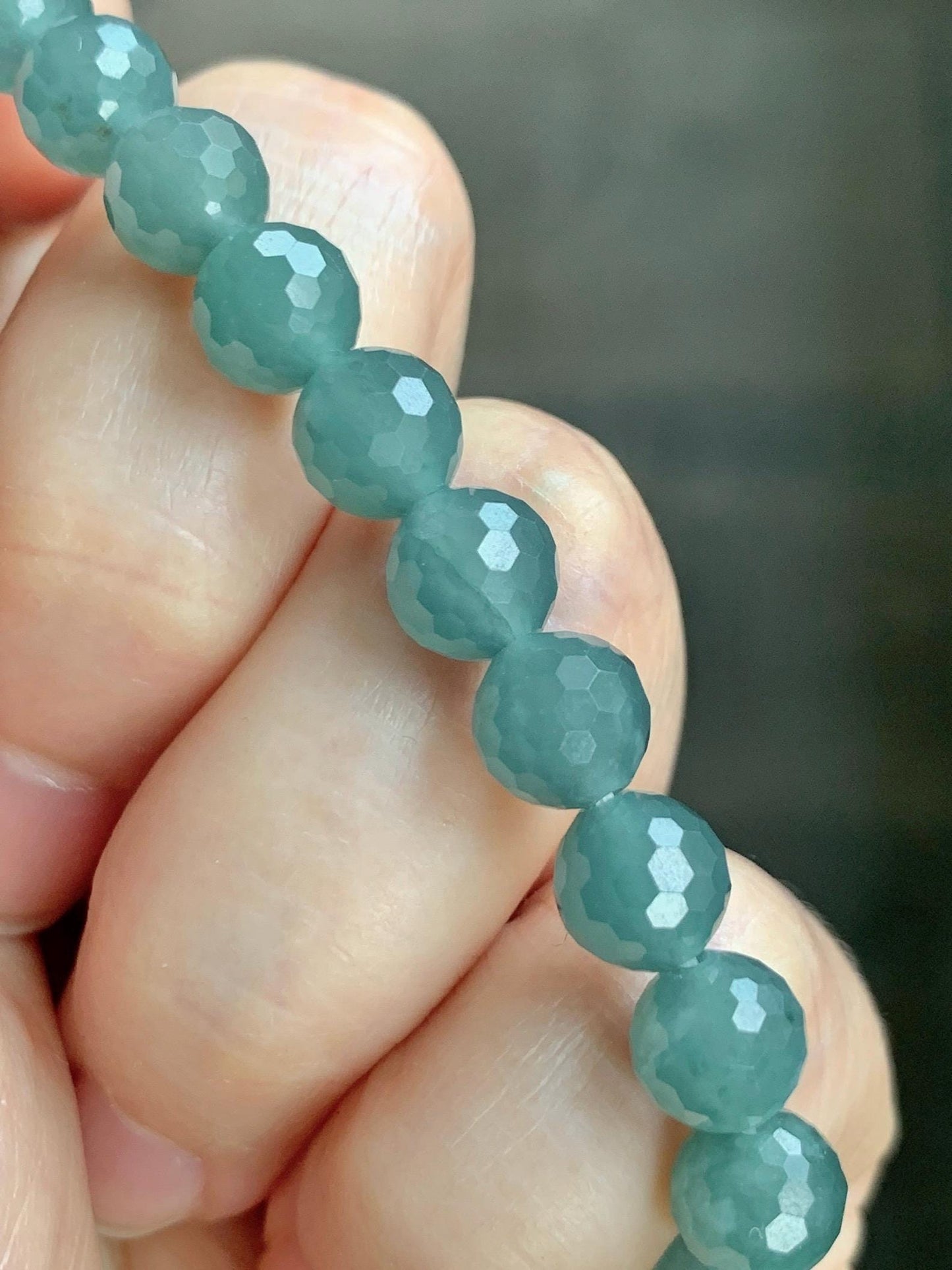 Natural Guatemalan Grade A Icy Translucent Dusty Teal Blue Faceted Jade Jadeite Beaded Bracelet 7.5mm 7.25" 17g 天然冰危蓝绿翡翠切割面圆珠手串 WQG110B