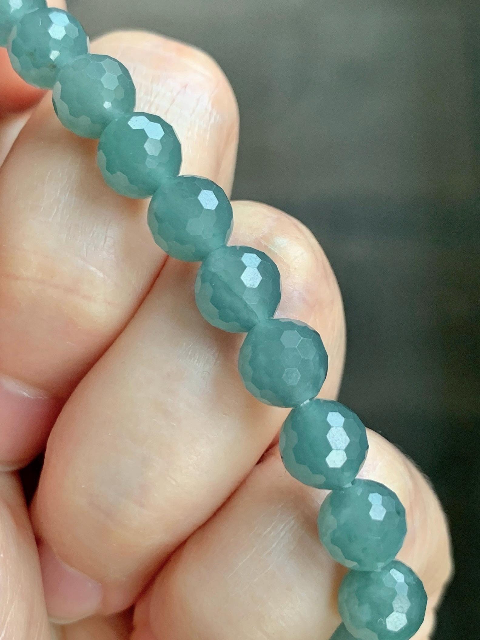 Natural Guatemalan Grade A Icy Translucent Dusty Teal Blue Faceted Jade Jadeite Beaded Bracelet 7.5mm 7.25" 17g 天然冰危蓝绿翡翠切割面圆珠手串 WQG110B