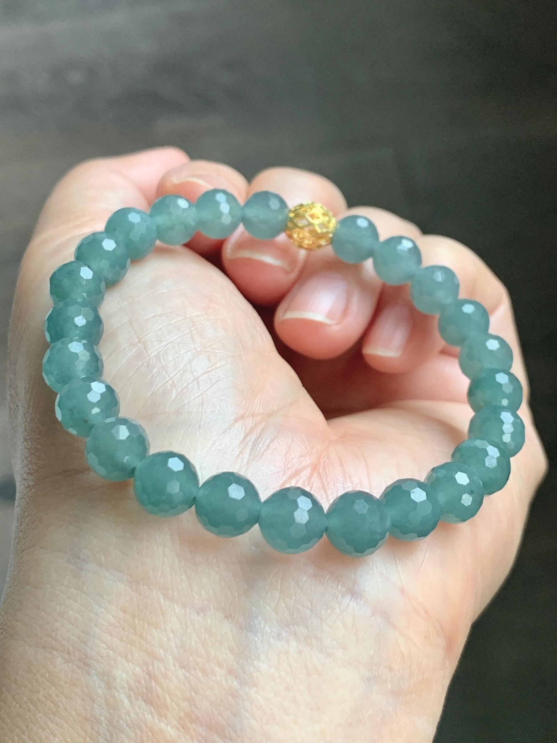 Natural Guatemalan Grade A Icy Translucent Dusty Teal Blue Faceted Jade Jadeite Beaded Bracelet 7.5mm 7.25" 17g 天然冰危蓝绿翡翠切割面圆珠手串 WQG110B