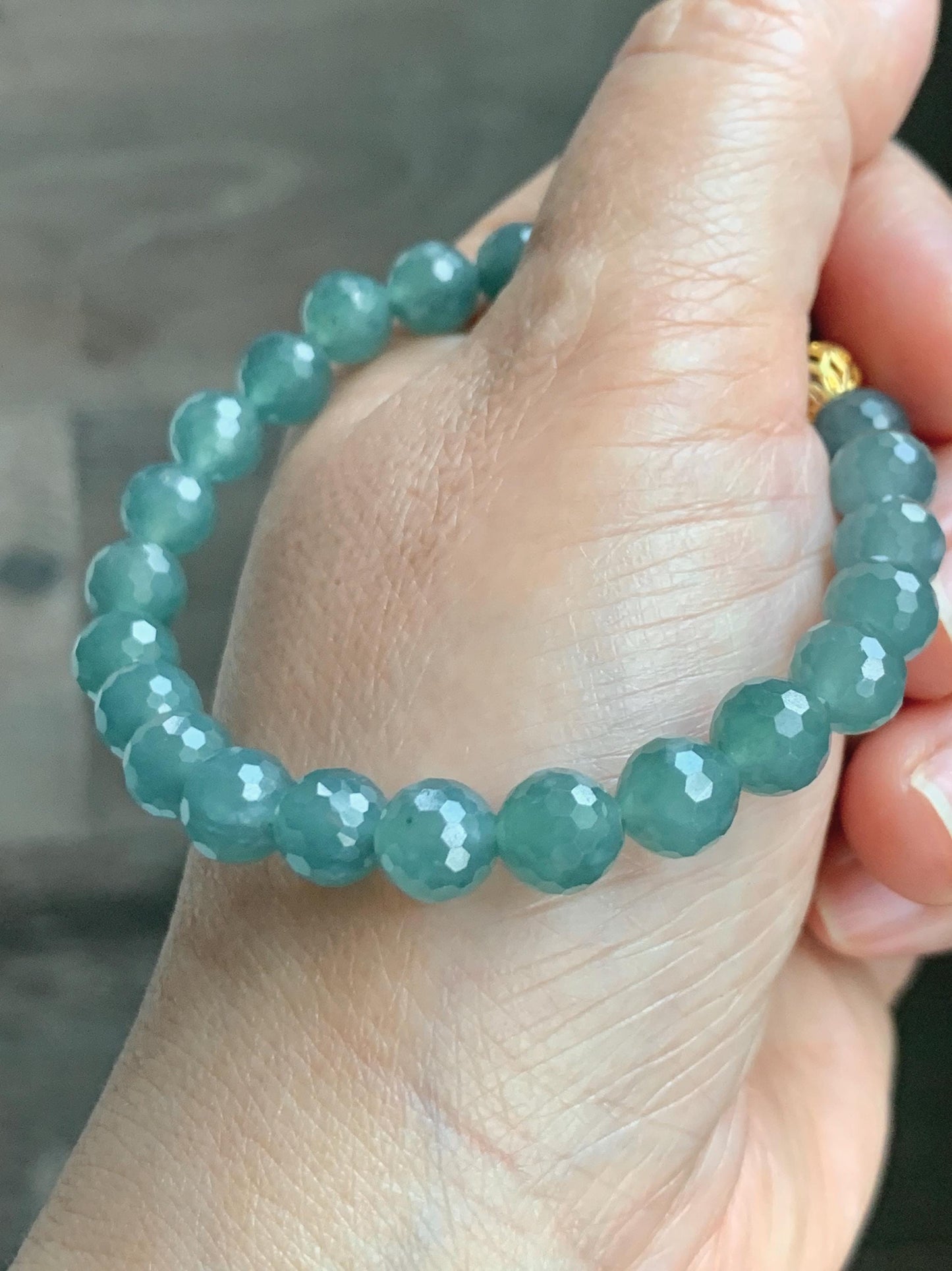 Natural Guatemalan Grade A Icy Translucent Dusty Teal Blue Faceted Jade Jadeite Beaded Bracelet 7.5mm 7.25" 17g 天然冰危蓝绿翡翠切割面圆珠手串 WQG110B