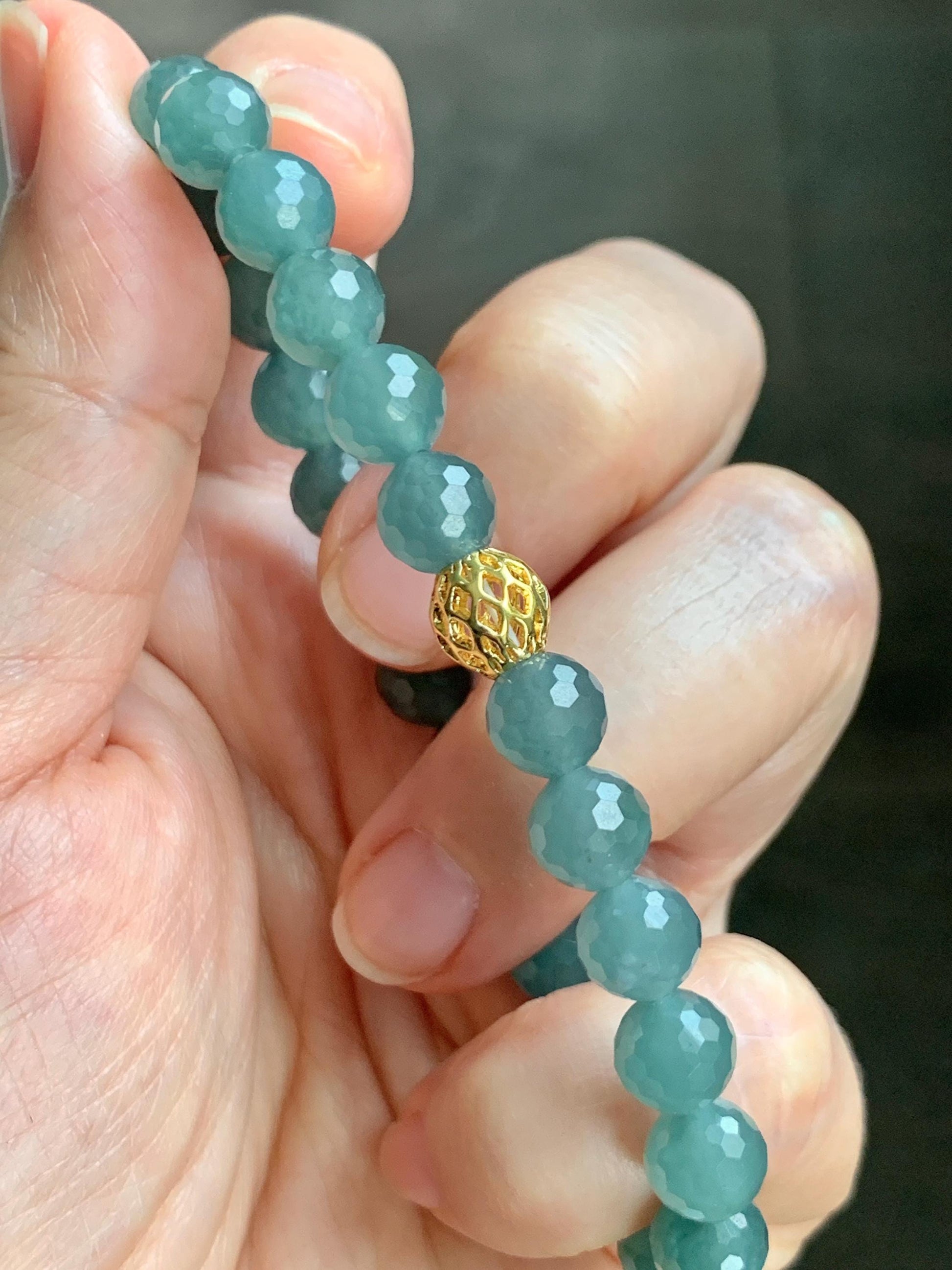 Natural Guatemalan Grade A Icy Translucent Dusty Teal Blue Faceted Jade Jadeite Beaded Bracelet 7.5mm 7.25" 17g 天然冰危蓝绿翡翠切割面圆珠手串 WQG110B