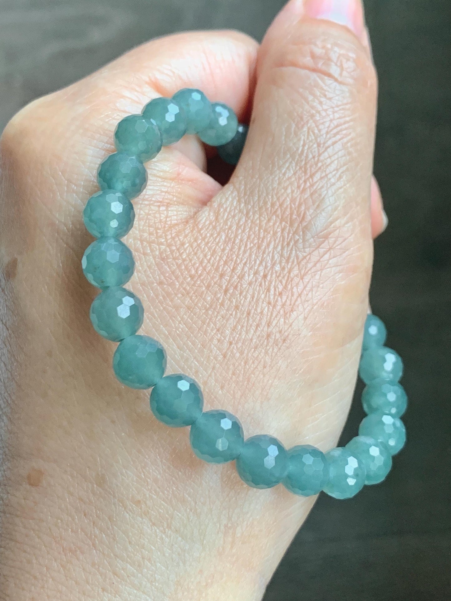 Natural Guatemalan Grade A Icy Translucent Dusty Teal Blue Faceted Jade Jadeite Beaded Bracelet 7.5mm 7.25" 17g 天然冰危蓝绿翡翠切割面圆珠手串 WQG110B