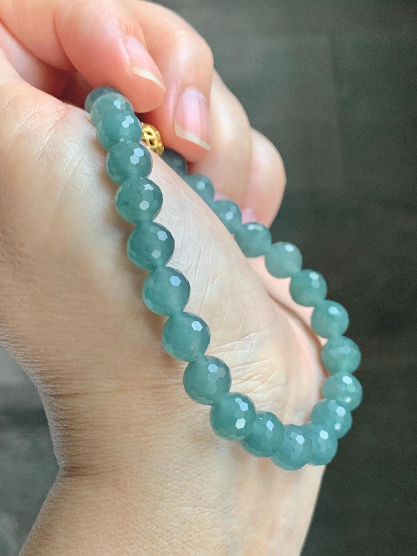 Natural Guatemalan Grade A Icy Translucent Dusty Teal Blue Faceted Jade Jadeite Beaded Bracelet 7.5mm 7.25" 17g 天然冰危蓝绿翡翠切割面圆珠手串 WQG110B