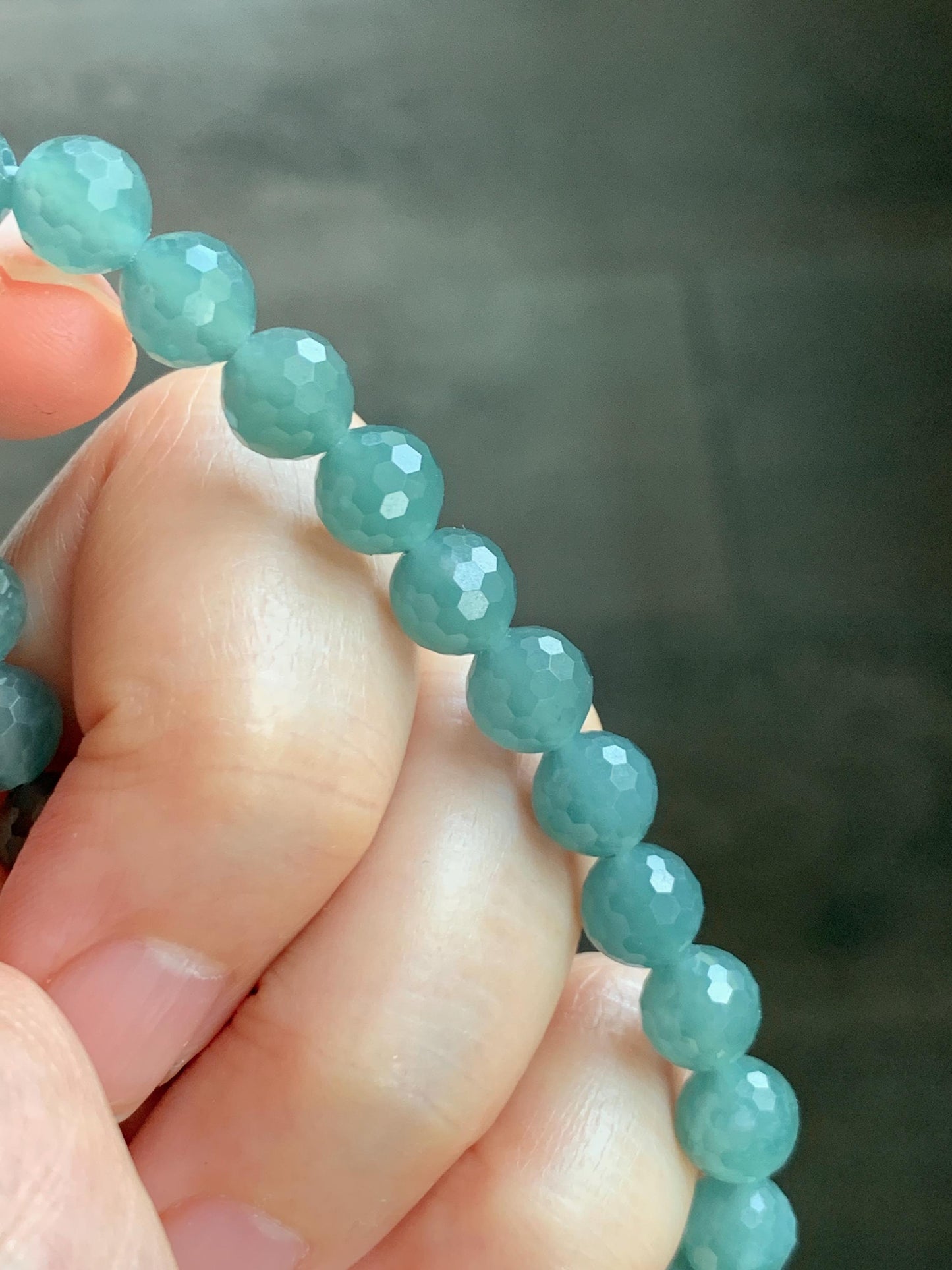 Natural Guatemalan Grade A Icy Translucent Dusty Teal Blue Faceted Jade Jadeite Beaded Bracelet 7.5mm 7.25" 17g 天然冰危蓝绿翡翠切割面圆珠手串 WQG110B