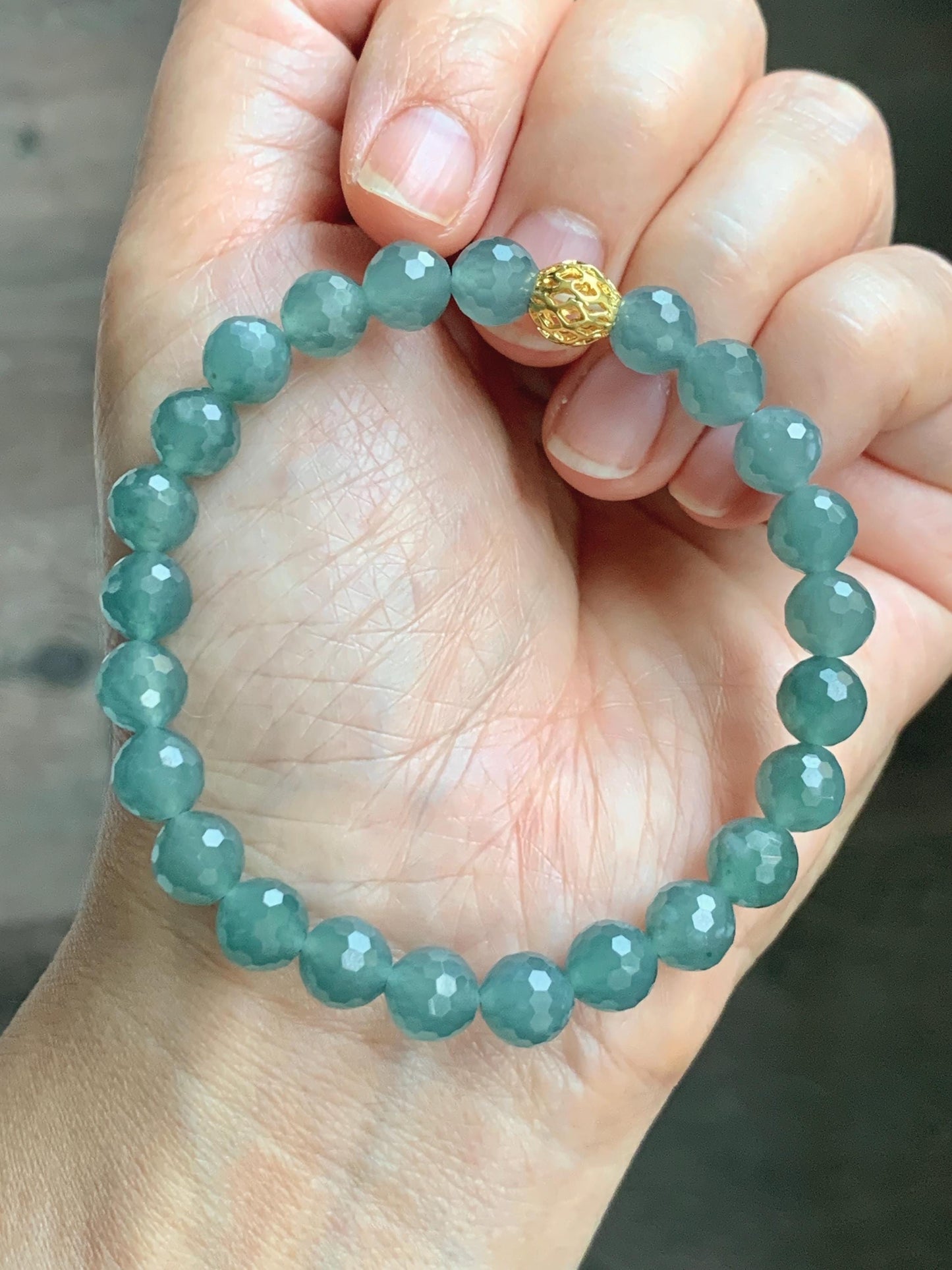 Natural Guatemalan Grade A Icy Translucent Dusty Teal Blue Faceted Jade Jadeite Beaded Bracelet 7.5mm 7.25" 17g 天然冰危蓝绿翡翠切割面圆珠手串 WQG110B