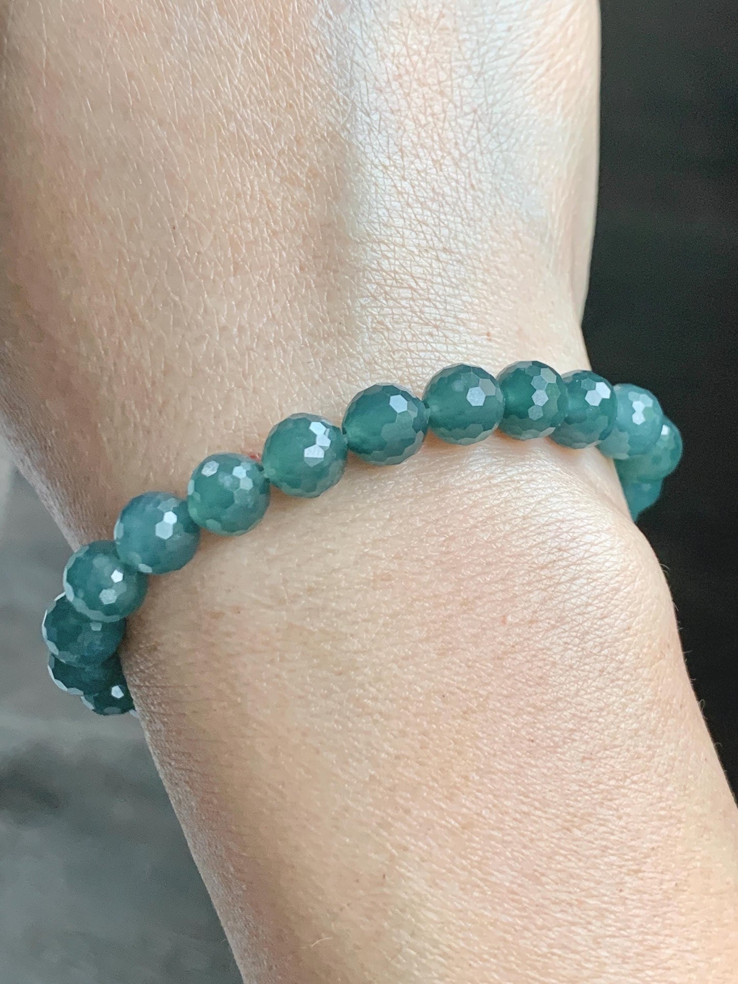 Natural Guatemalan Grade A Icy Translucent Dusty Teal Blue Faceted Jade Jadeite Beaded Bracelet 7.5mm 7.25" 17g 天然冰危蓝绿翡翠切割面圆珠手串 WQG110C