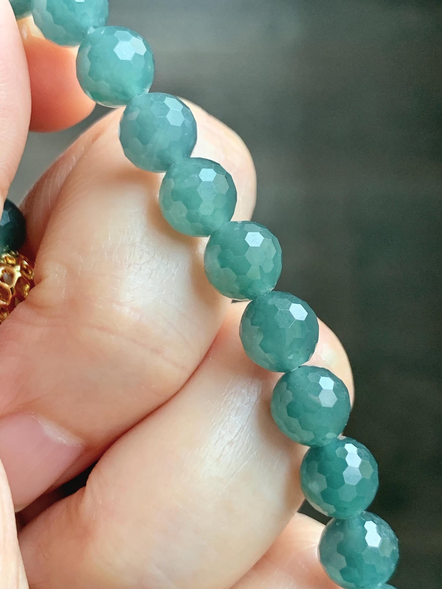 Natural Guatemalan Grade A Icy Translucent Dusty Teal Blue Faceted Jade Jadeite Beaded Bracelet 7.5mm 7.25" 17g 天然冰危蓝绿翡翠切割面圆珠手串 WQG110C