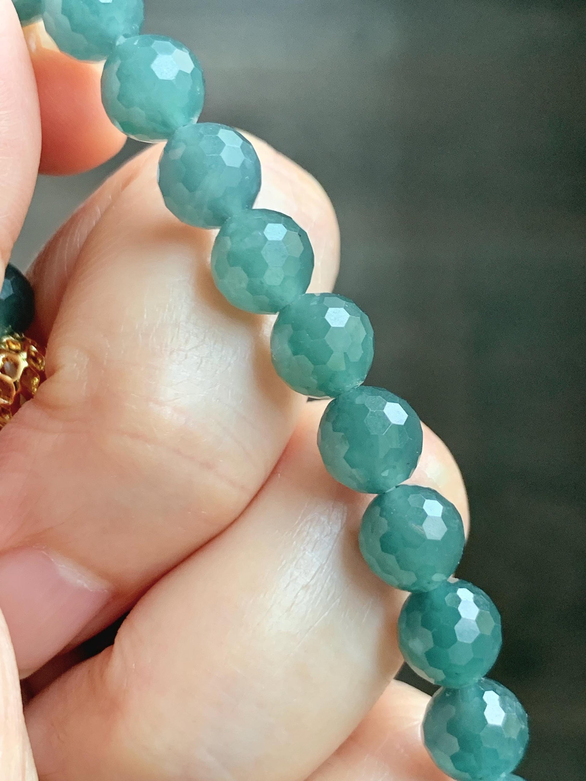 Natural Guatemalan Grade A Icy Translucent Dusty Teal Blue Faceted Jade Jadeite Beaded Bracelet 7.5mm 7.25" 17g 天然冰危蓝绿翡翠切割面圆珠手串 WQG110C