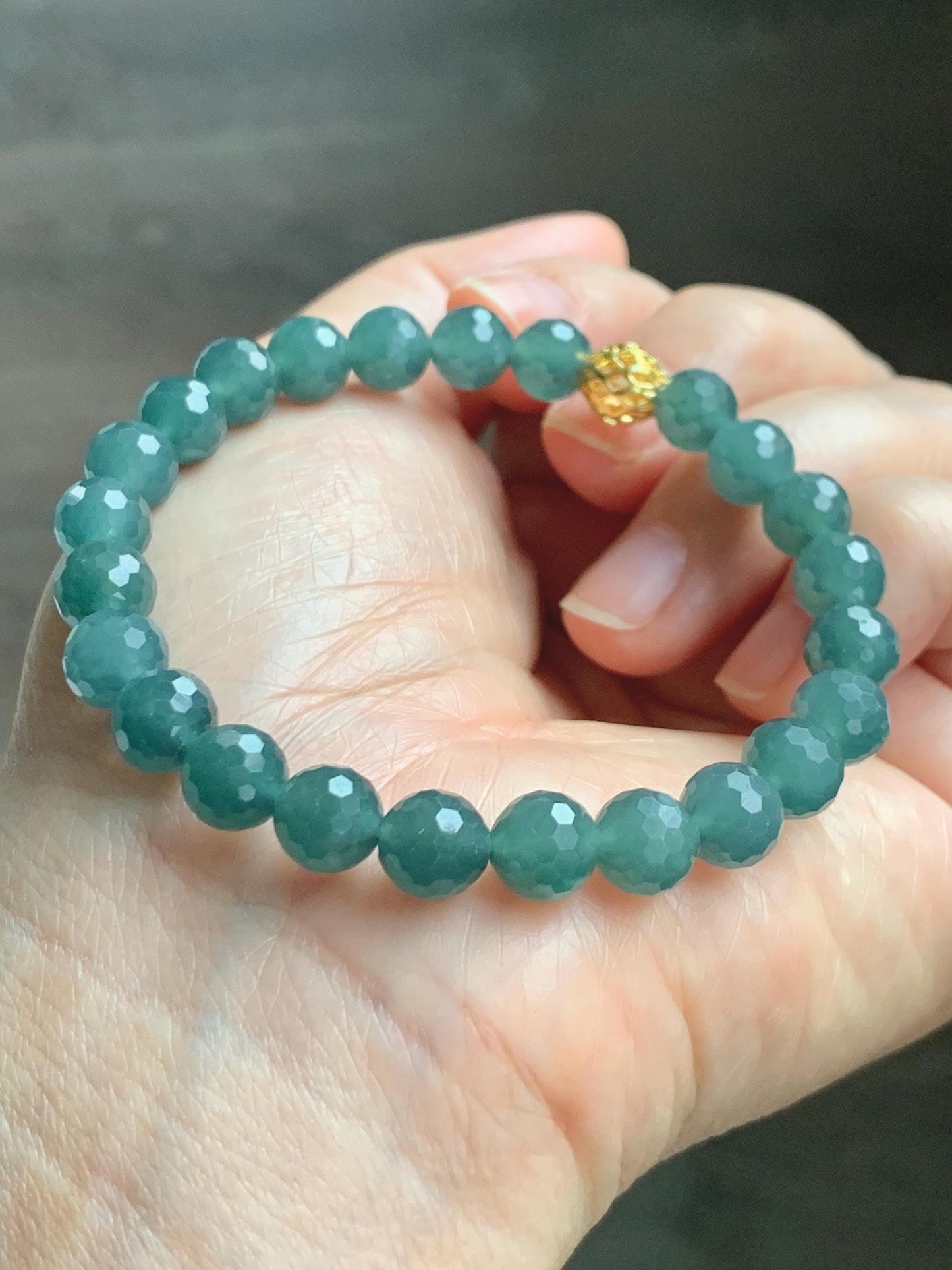 Natural Guatemalan Grade A Icy Translucent Dusty Teal Blue Faceted Jade Jadeite Beaded Bracelet 7.5mm 7.25" 17g 天然冰危蓝绿翡翠切割面圆珠手串 WQG110C