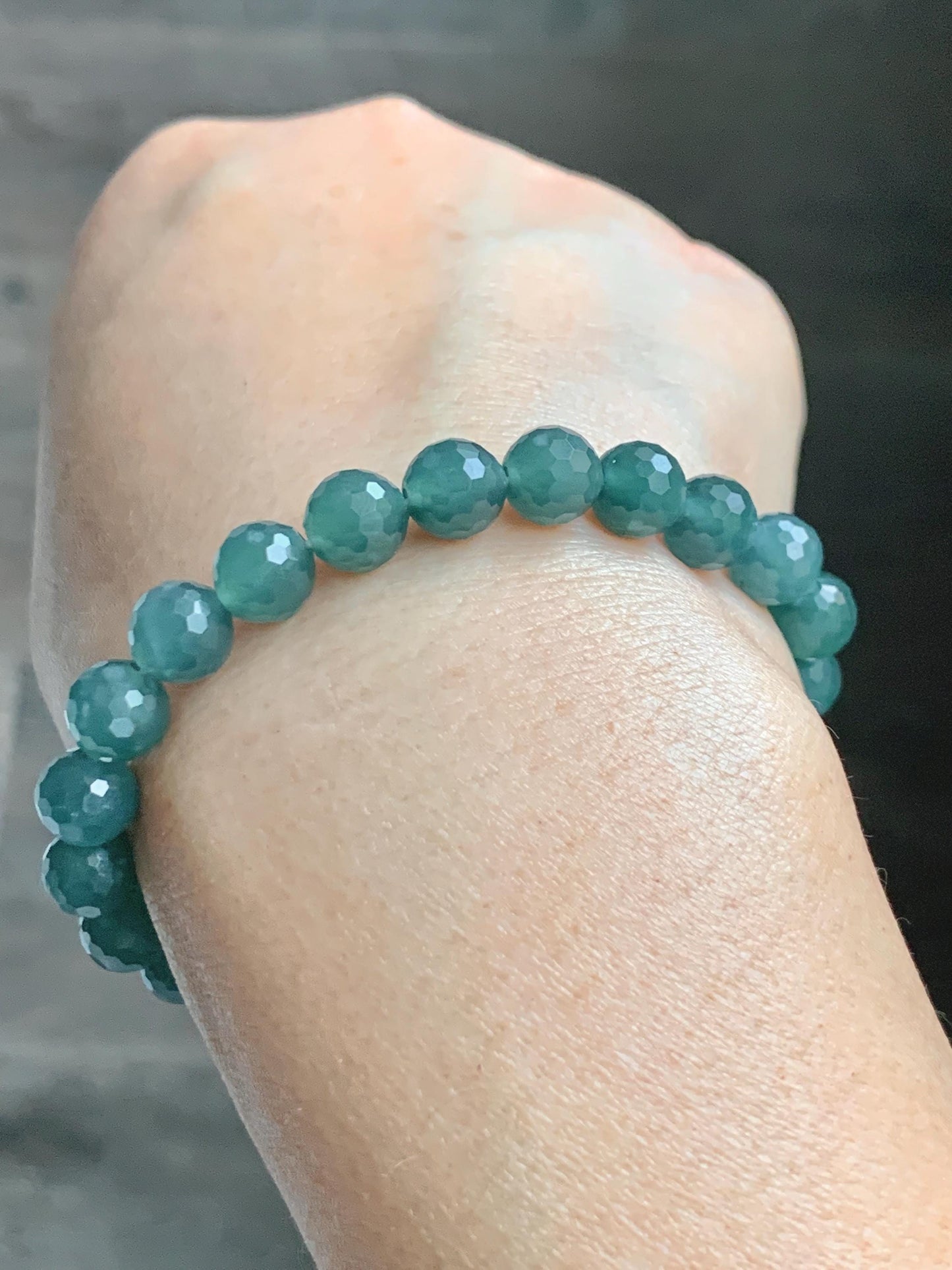 Natural Guatemalan Grade A Icy Translucent Dusty Teal Blue Faceted Jade Jadeite Beaded Bracelet 7.5mm 7.25" 17g 天然冰危蓝绿翡翠切割面圆珠手串 WQG110C