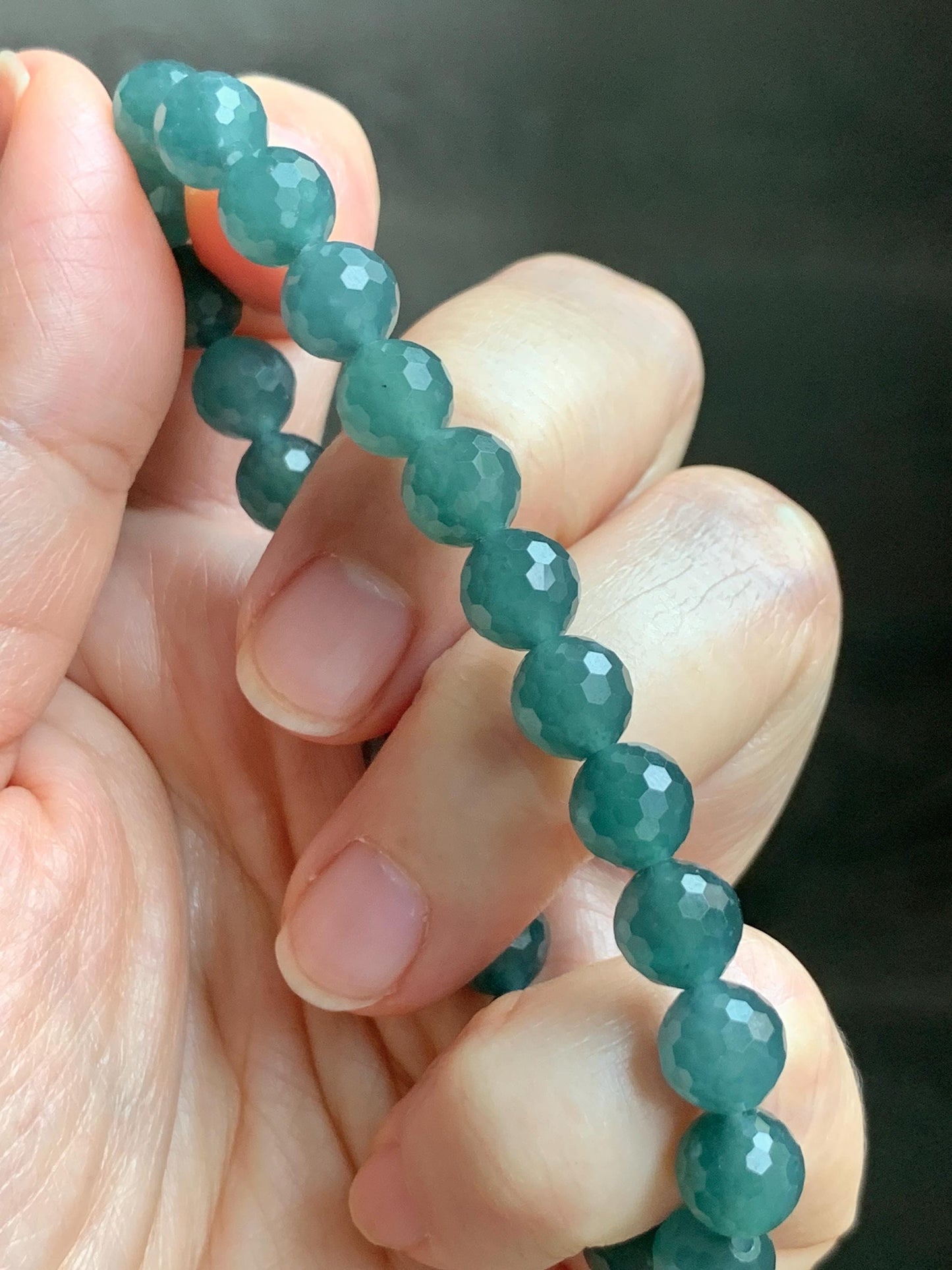 Natural Guatemalan Grade A Icy Translucent Dusty Teal Blue Faceted Jade Jadeite Beaded Bracelet 7.5mm 7.25" 17g 天然冰危蓝绿翡翠切割面圆珠手串 WQG110C