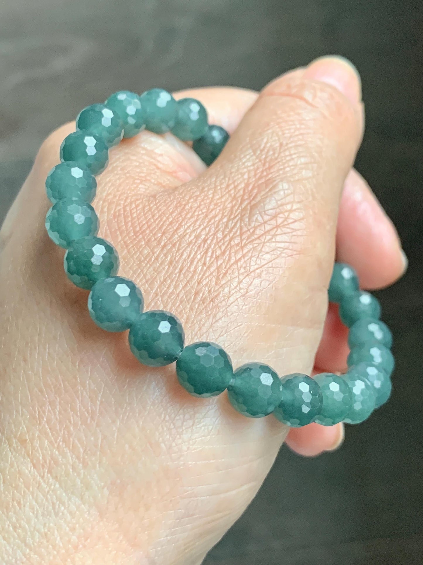 Natural Guatemalan Grade A Icy Translucent Dusty Teal Blue Faceted Jade Jadeite Beaded Bracelet 7.5mm 7.25" 17g 天然冰危蓝绿翡翠切割面圆珠手串 WQG110C