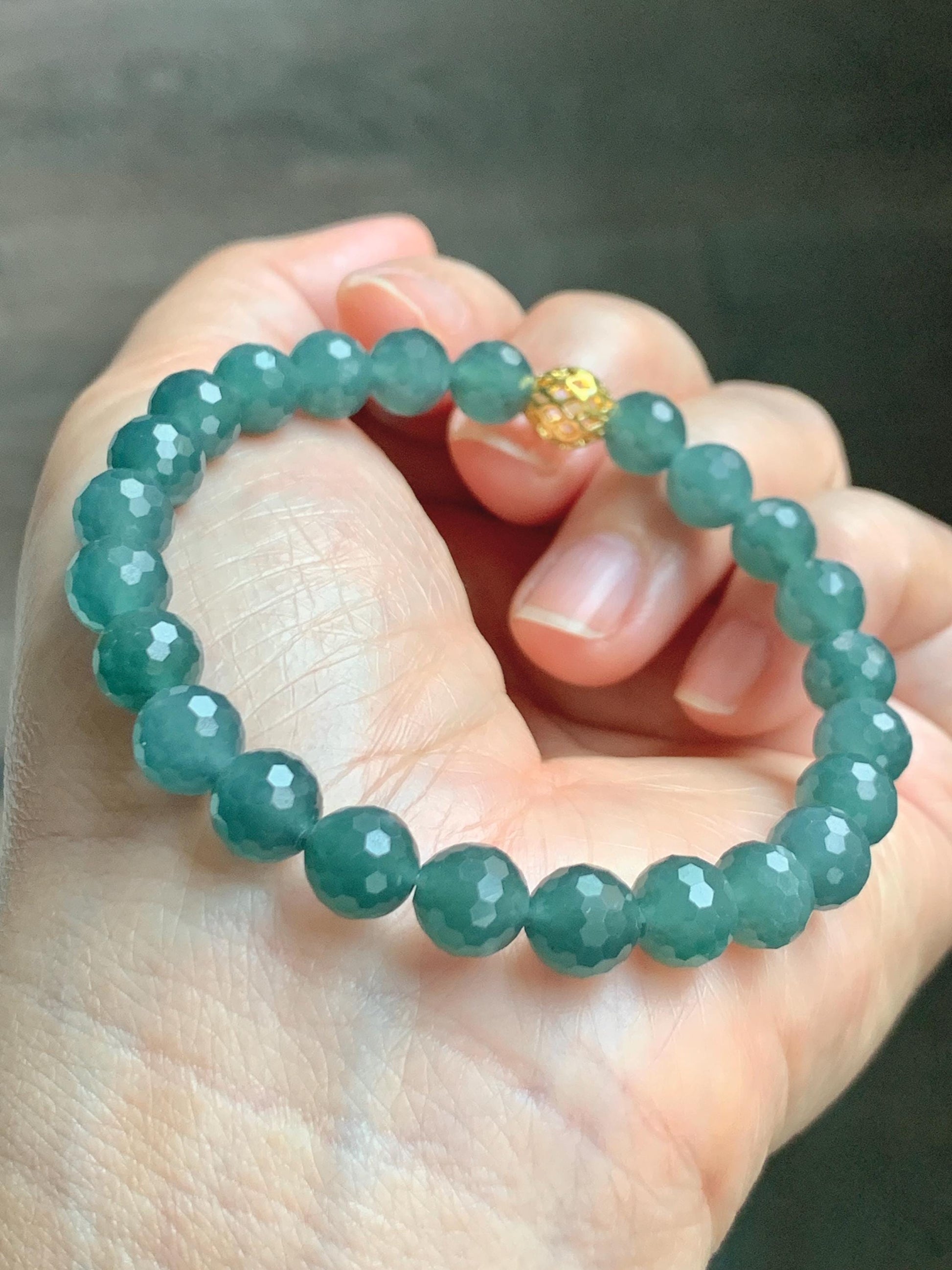 Natural Guatemalan Grade A Icy Translucent Dusty Teal Blue Faceted Jade Jadeite Beaded Bracelet 7.5mm 7.25" 17g 天然冰危蓝绿翡翠切割面圆珠手串 WQG110C