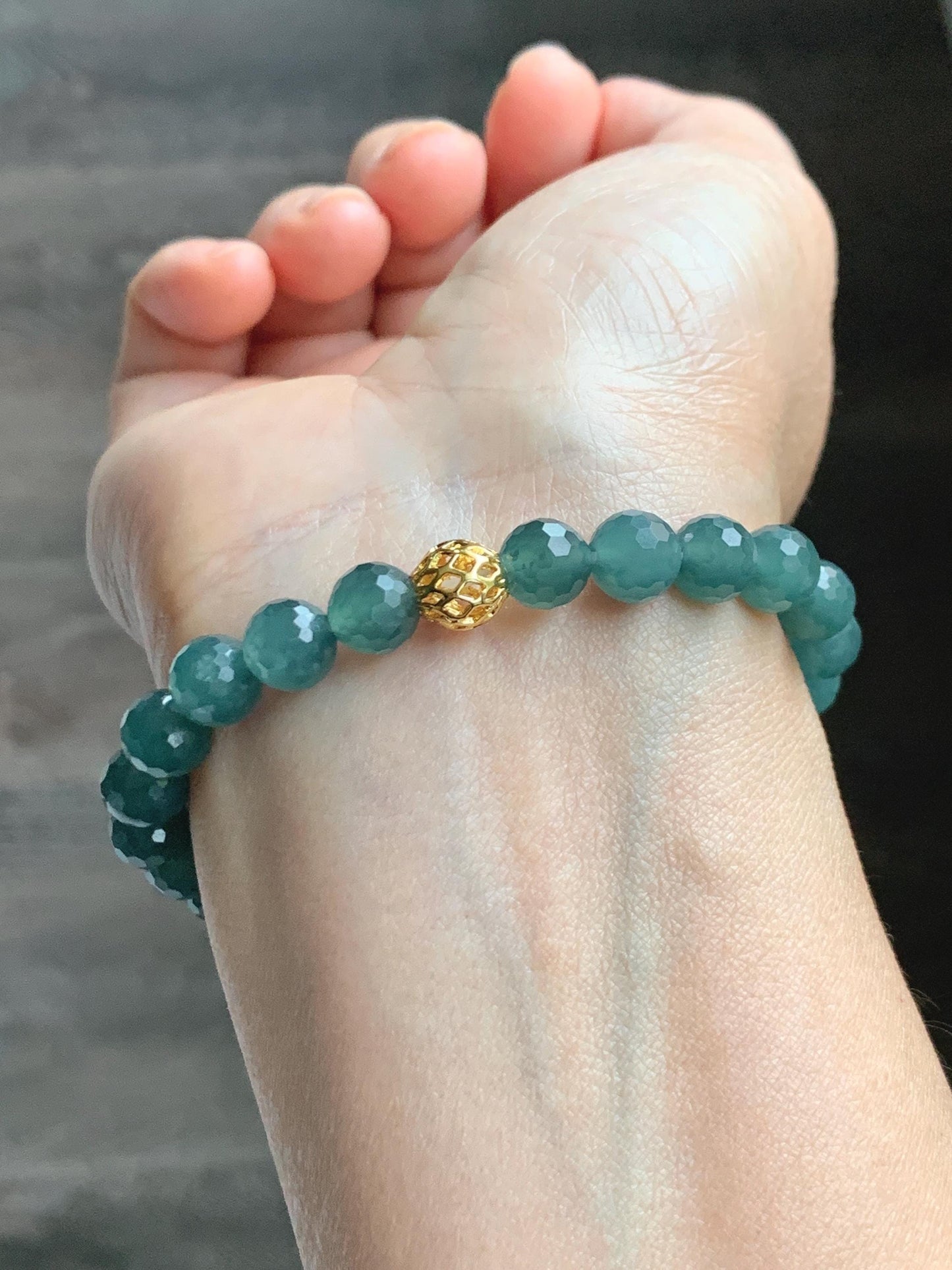 Natural Guatemalan Grade A Icy Translucent Dusty Teal Blue Faceted Jade Jadeite Beaded Bracelet 7.5mm 7.25" 17g 天然冰危蓝绿翡翠切割面圆珠手串 WQG110C