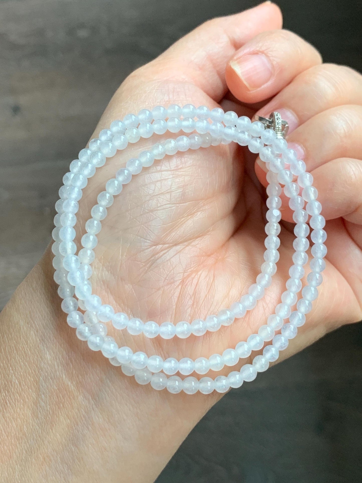 Certified Grade A Natural Icy Highly Translucent Pure White Jade Jadeite Beaded Necklace with Charm 3.7mm 21.75” 14.5g 天然冰起光翡翠圆珠项链 466