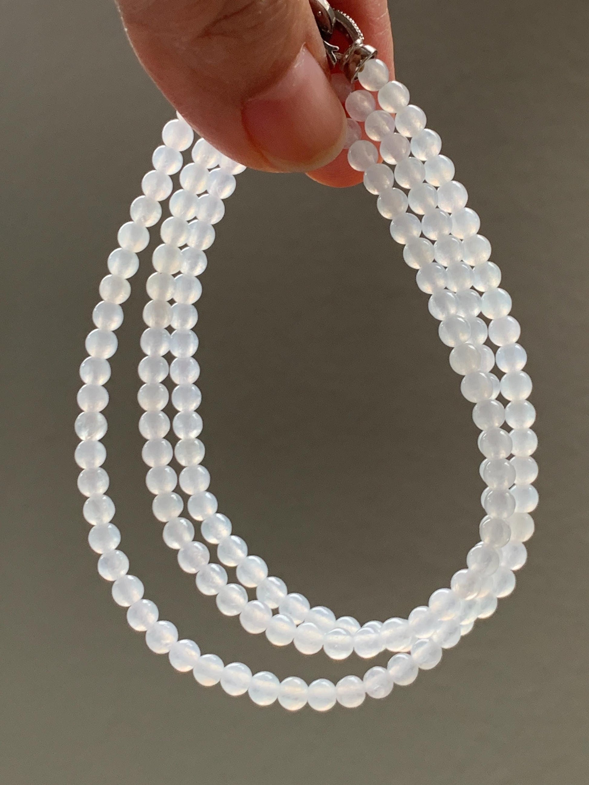 Certified Grade A Natural Icy Highly Translucent Pure White Jade Jadeite Beaded Necklace with Charm 3.7mm 21.75” 14.5g 天然冰起光翡翠圆珠项链 466