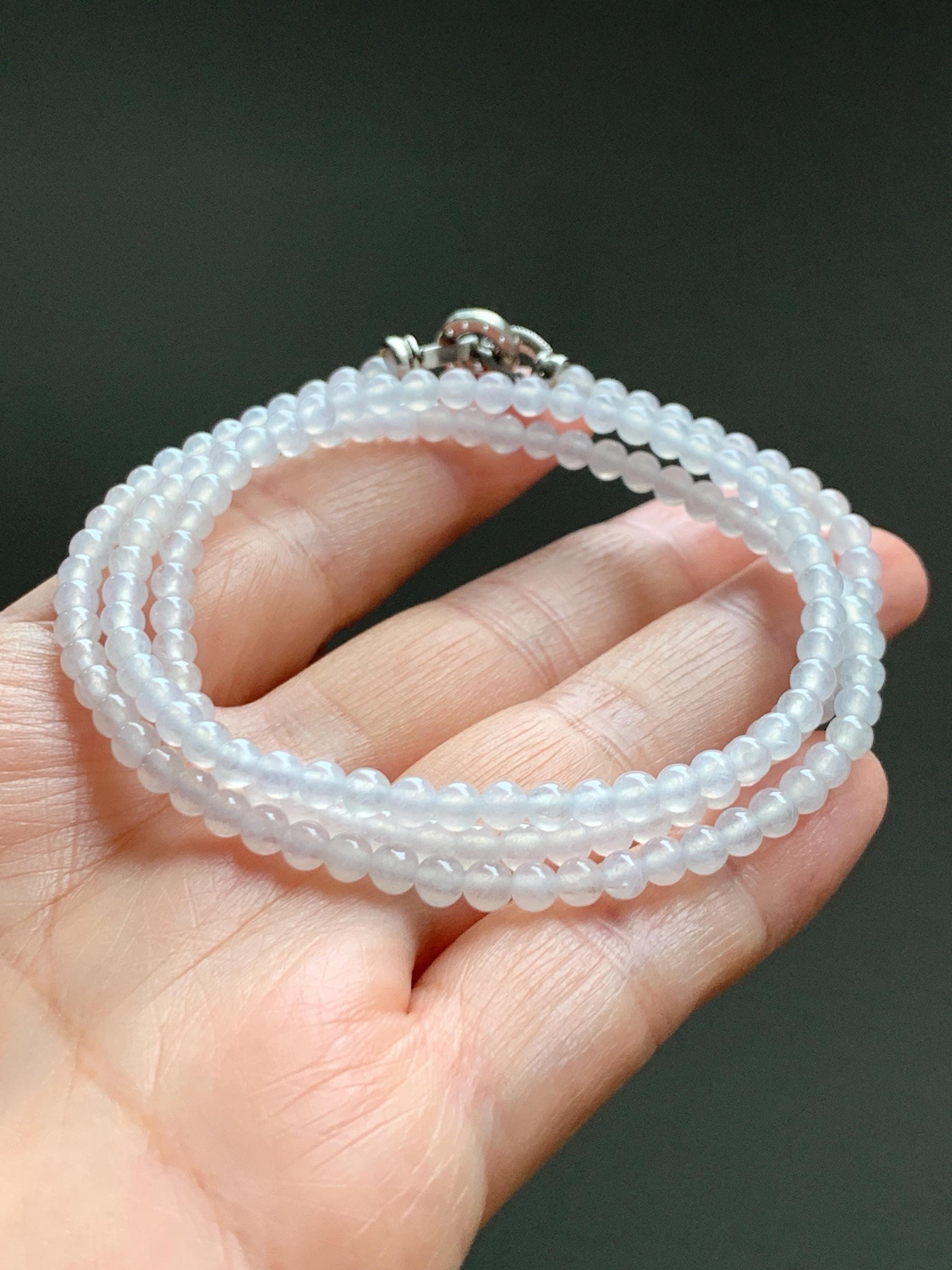 Certified Grade A Natural Icy Highly Translucent Pure White Jade Jadeite Beaded Necklace with Charm 3.7mm 21.75” 14.5g 天然冰起光翡翠圆珠项链 466